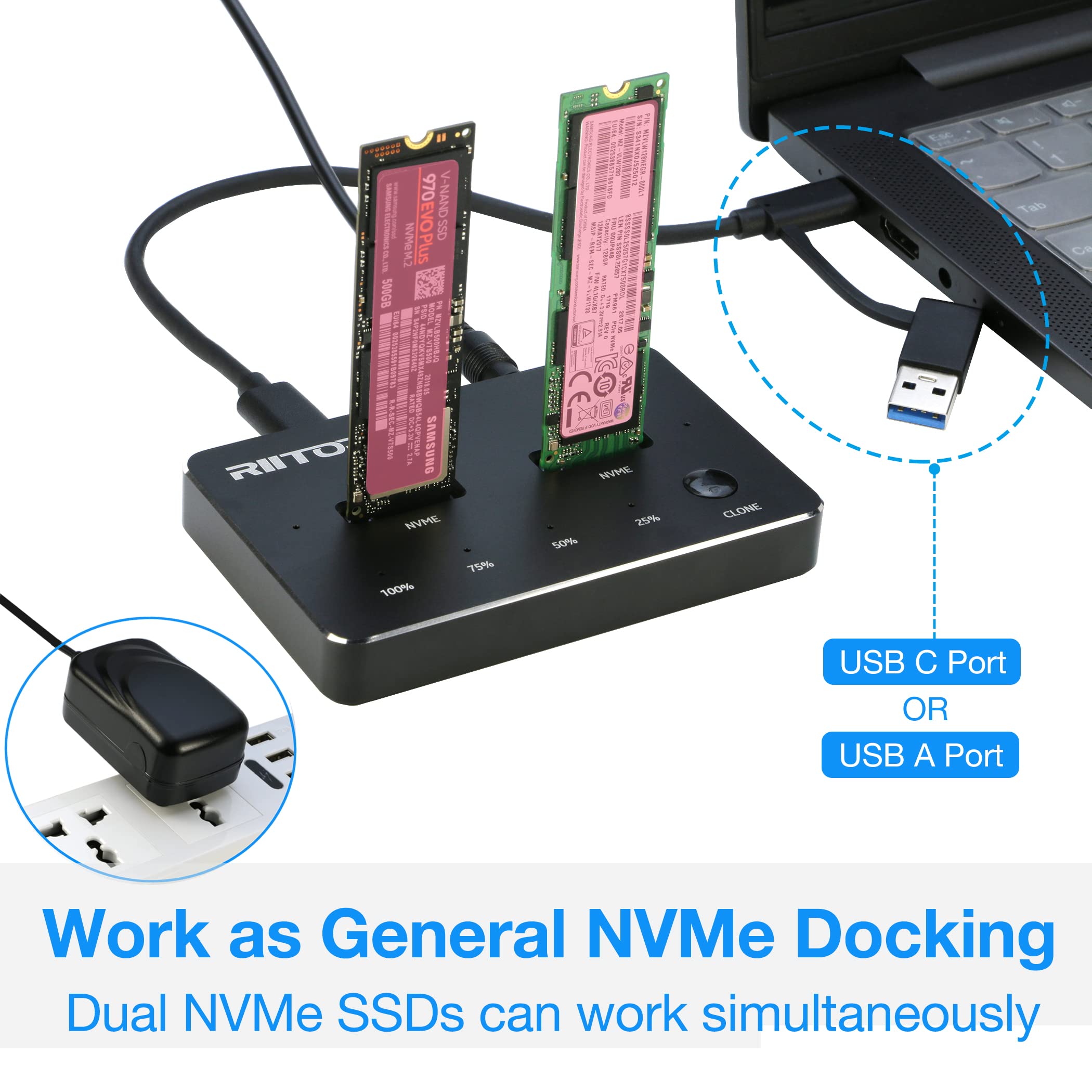M.2 Duplicator, Riitop Dual Nvme Docking Station For 2X M.2 Nvme Ssd To Usb C Reader [Offline Cloner]