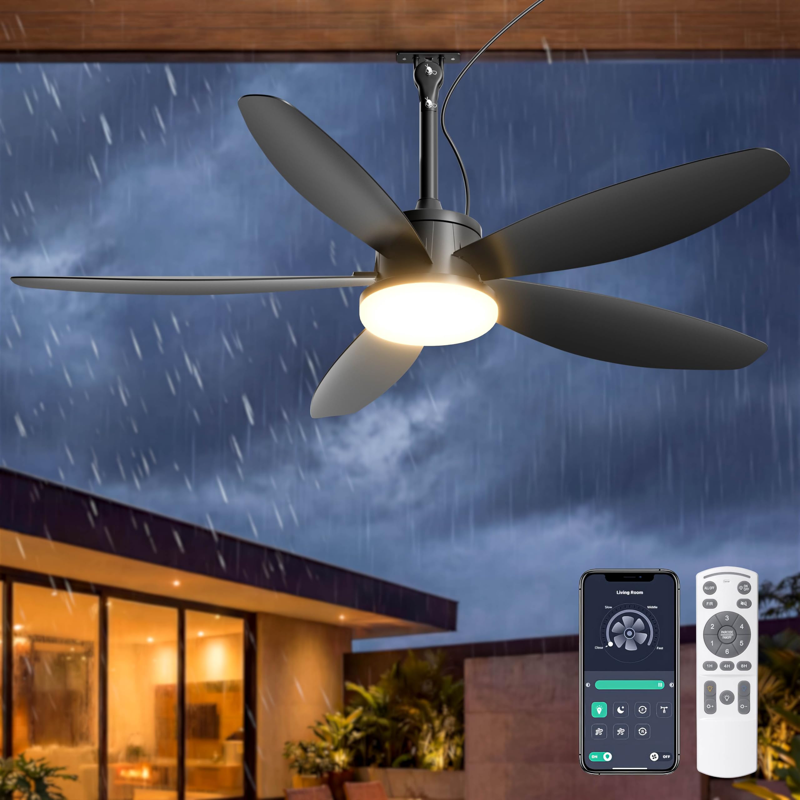 Phylluz Outdoor Ceiling Fan with Lights, 48 Inch Plug in Gazebo Fans with Remote APP Control, Quiet DC Motor, Dimmable 3CCT, Wat