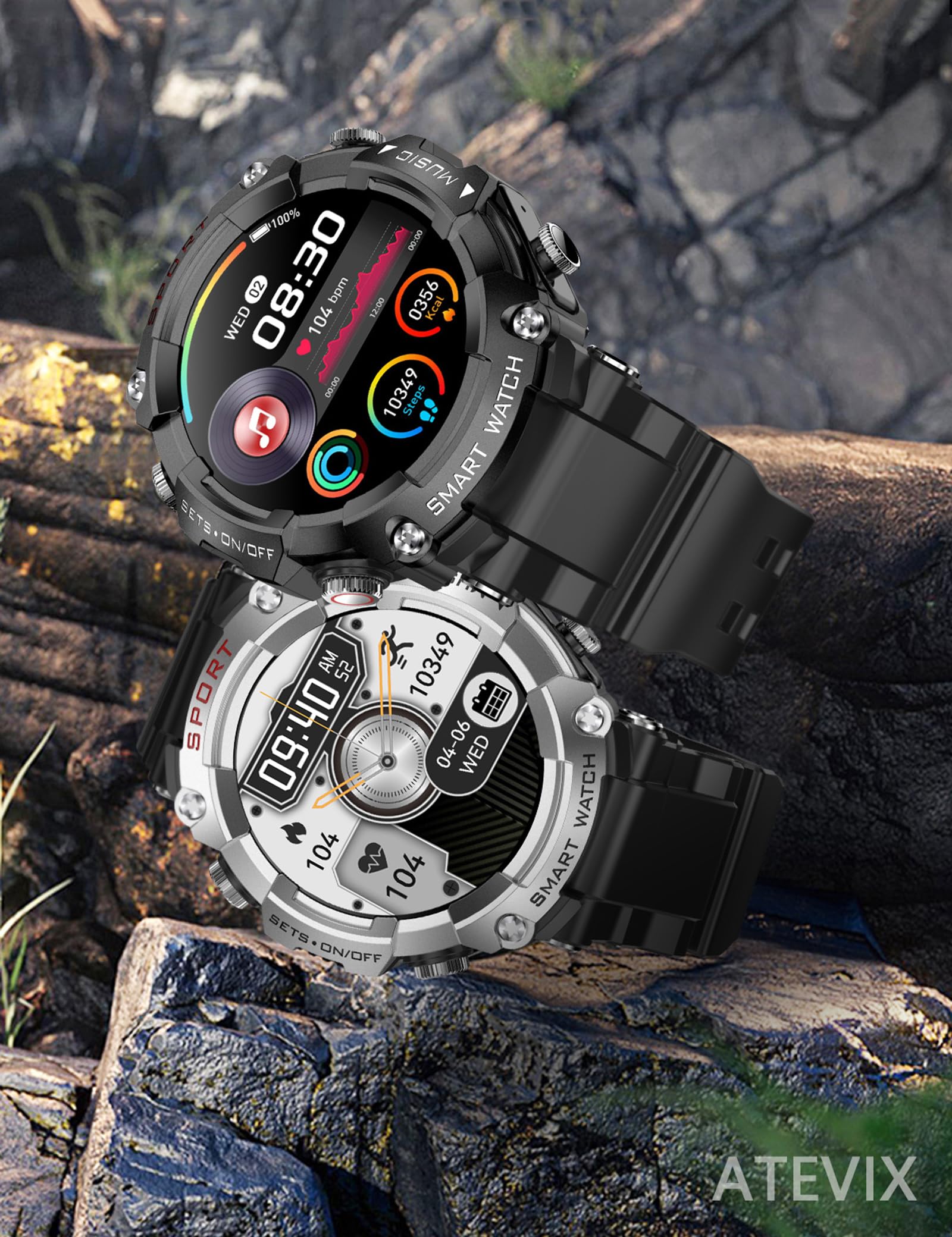 Atevix Smart Watch With Earbuds, 1.52 '' Hd Screen Smartwatch For Men, Rugged Military Bluetooth Call Fitness Tracker,3 In 1 Blu