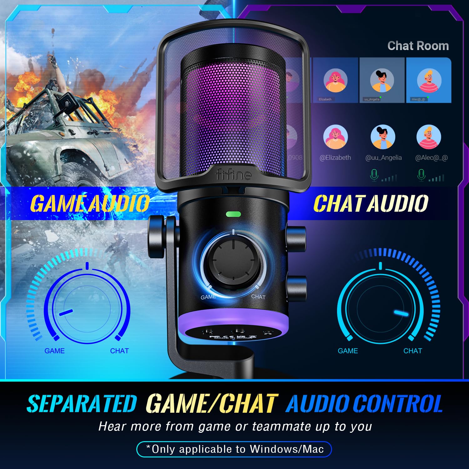 FIFINE AmpliGame AM6 USB Gaming Microphone, RGB Condenser Mic with Noise Cancellation & Mute Button for Twitch/Podcast/Discord, Black