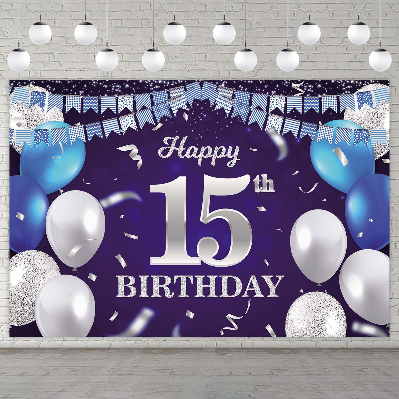 Happy 15Th Birthday Banner Backdrop Navy Blue Balloons Confetti Stripe Flag Light Spots Cheers To 15 Years Old Theme Decorations