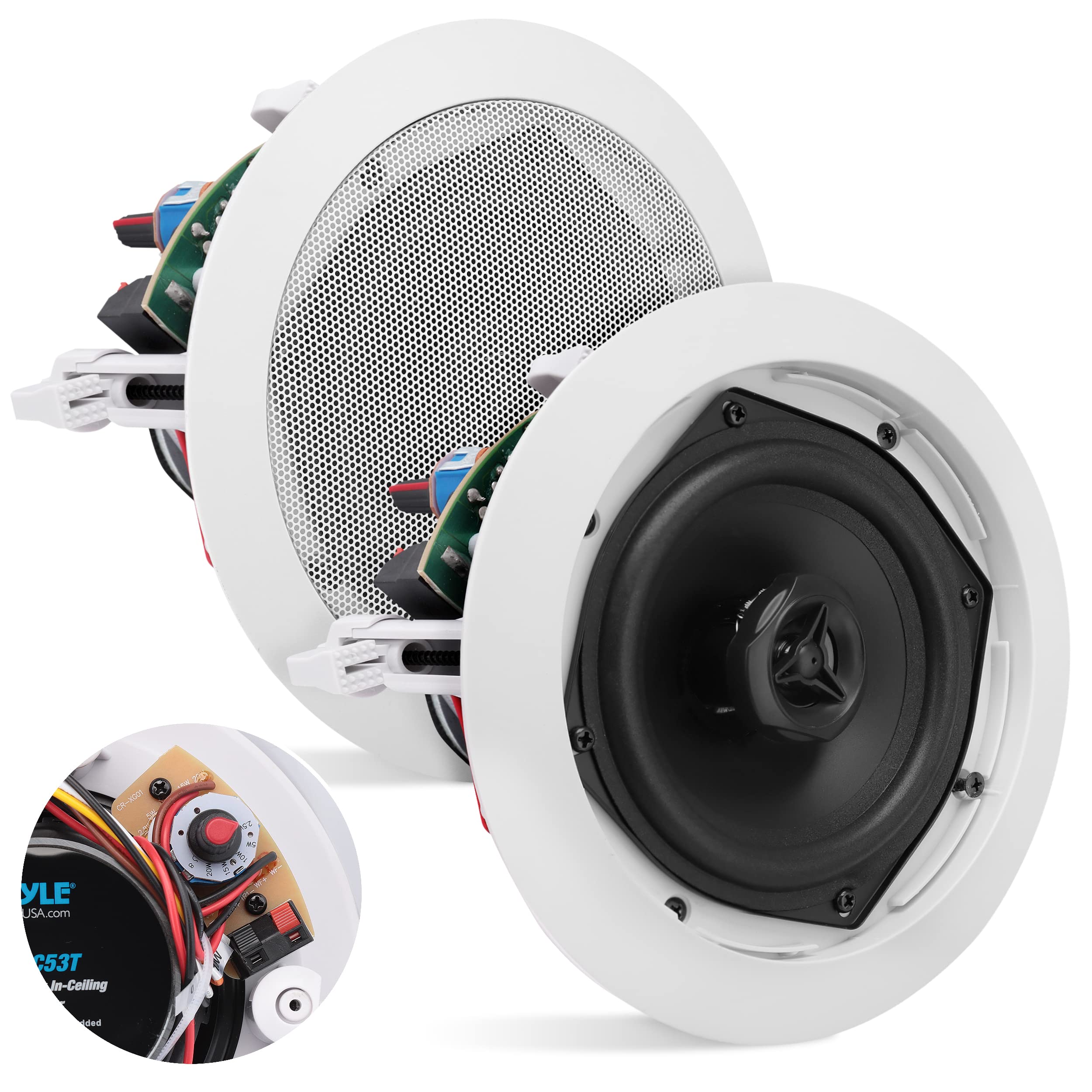 Pyle Ceiling and Wall Mount Speaker -5.25    2-Way 70V Audio Stereo Sound Subwoofer Sound with Dome Tweeter, 300 Watts,In-Wall &
