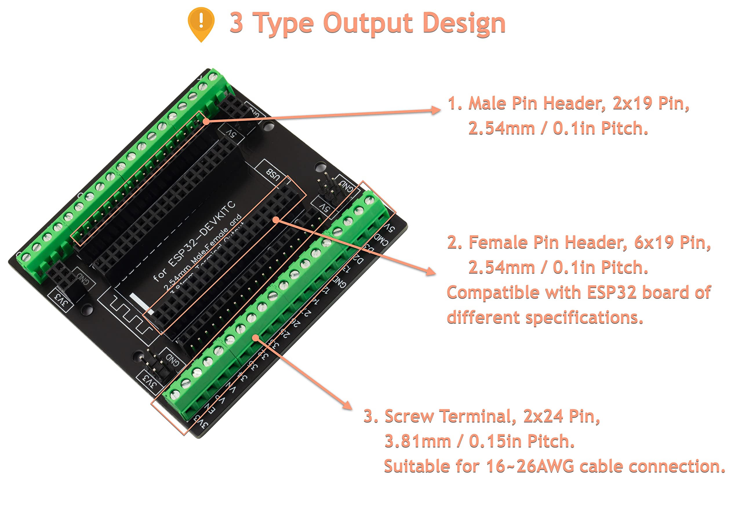 For Esp32 Super Breakout Board 3.81Mm / 0.15'' Terminal Blocks Gpio Expansion Board 3 Types Output For Esp32 Module Esp Wroom 32