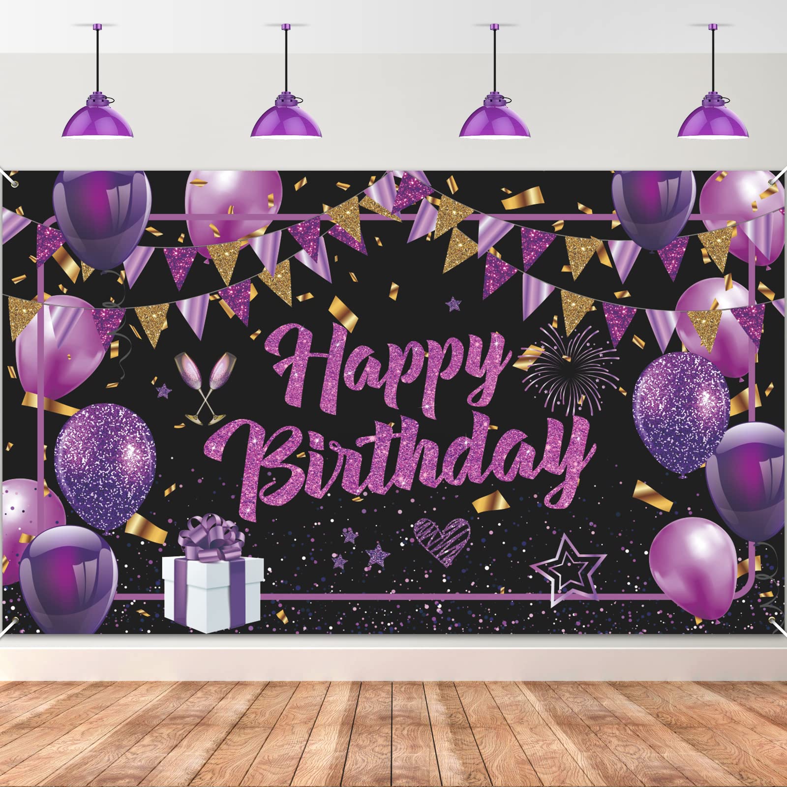 Purple Happy Birthday Banner Purple Black Gold Birthday Party Decorations Large Purple Birthday Sign Shiny Purple Black Birthday