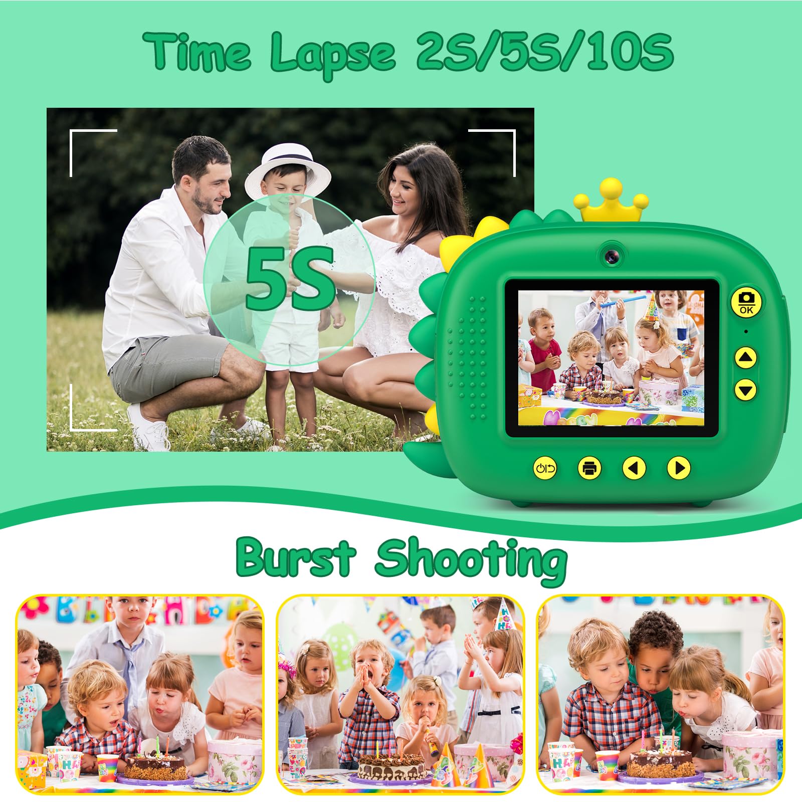 Kids Camera Instant Print,Dinosaurs Instant Print Camera For Kids,Birthday Gifts For Boys,2.4 Inch/1080P With 32Gb Card,Christam