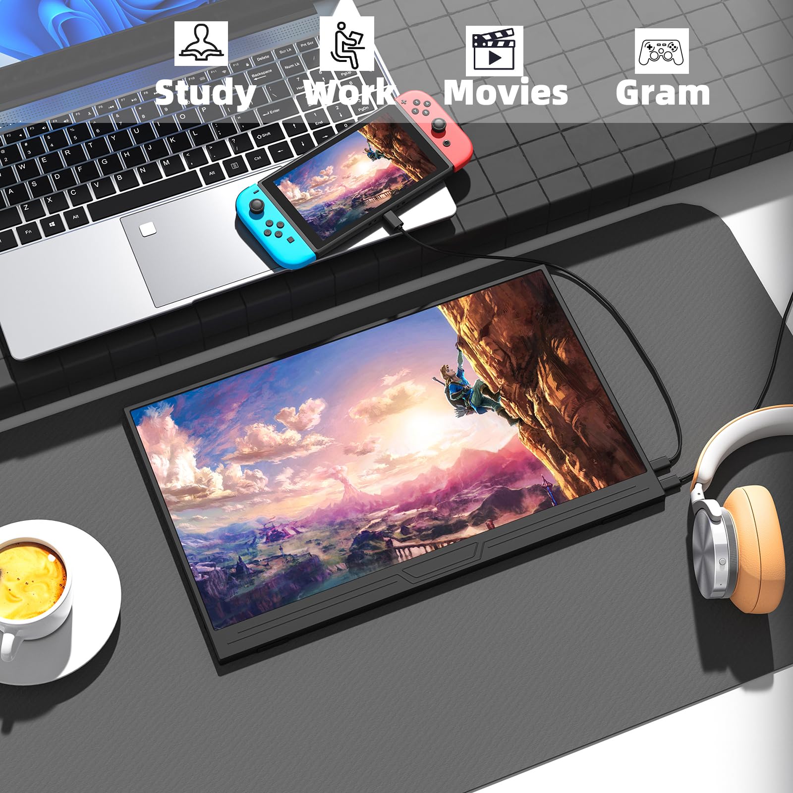 Ponkloie Portable Monitor Touchscreen For Laptop, 15.6'' Fhd 1080P Hdmi Usb C Ips External Monitor, Built In Dual Speakers Gamin