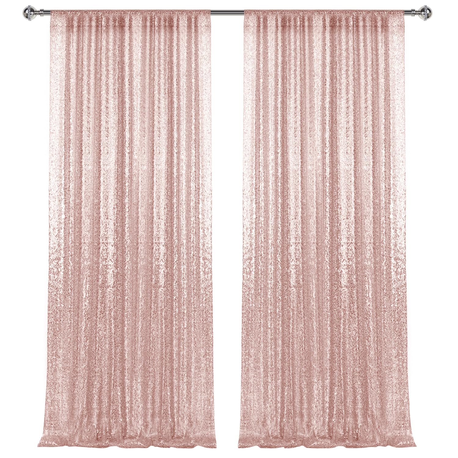 2  8Ft 2Pcs Rose Gold Sequin Backdrop Curtains Panels, Photography Backdrop Glitter Curtains Fabric Background For Christmas Wed