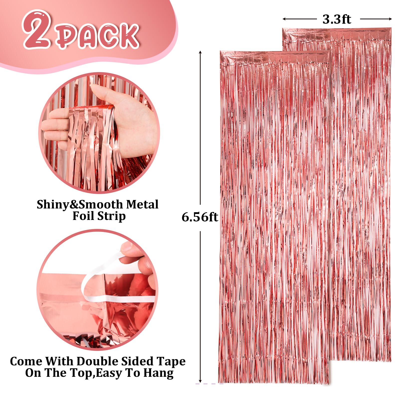 Voircoloria 2 Pack Rose Gold Tinsel Foil Fringe Curtains, Rose Gold Party Decorations, Metallic Tinsel Party Streamers Backdrop