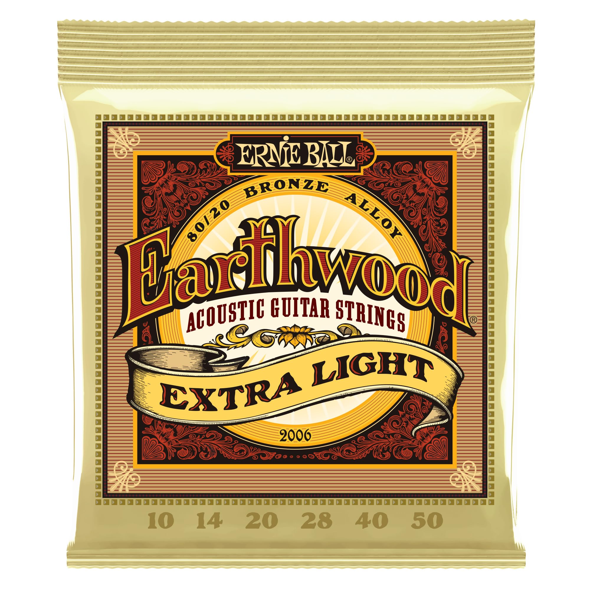 Ernie Ball Earthwood Extra Light 8020 Bronze Acoustic Guitar Strings, 10 50 Gauge (P02006)