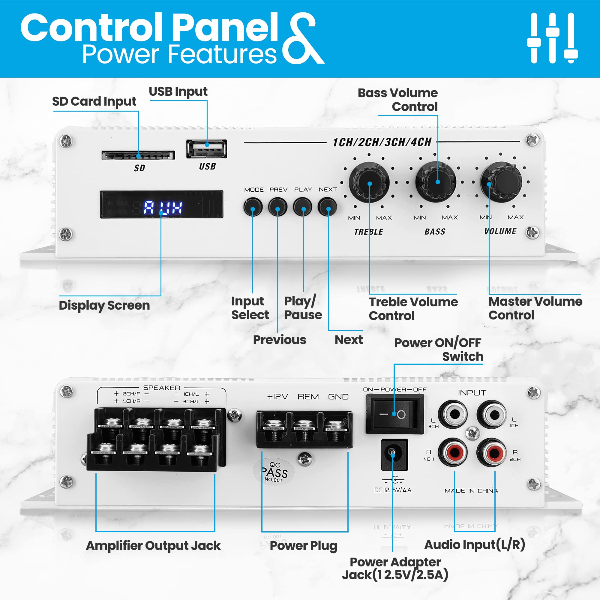 Pyle 4 Channel Bluetooth Marine Amplifier   Compact Power 400 Watt Rms 4 Ohm Full Range Monoblock Stereo & Waterproof   Wireless