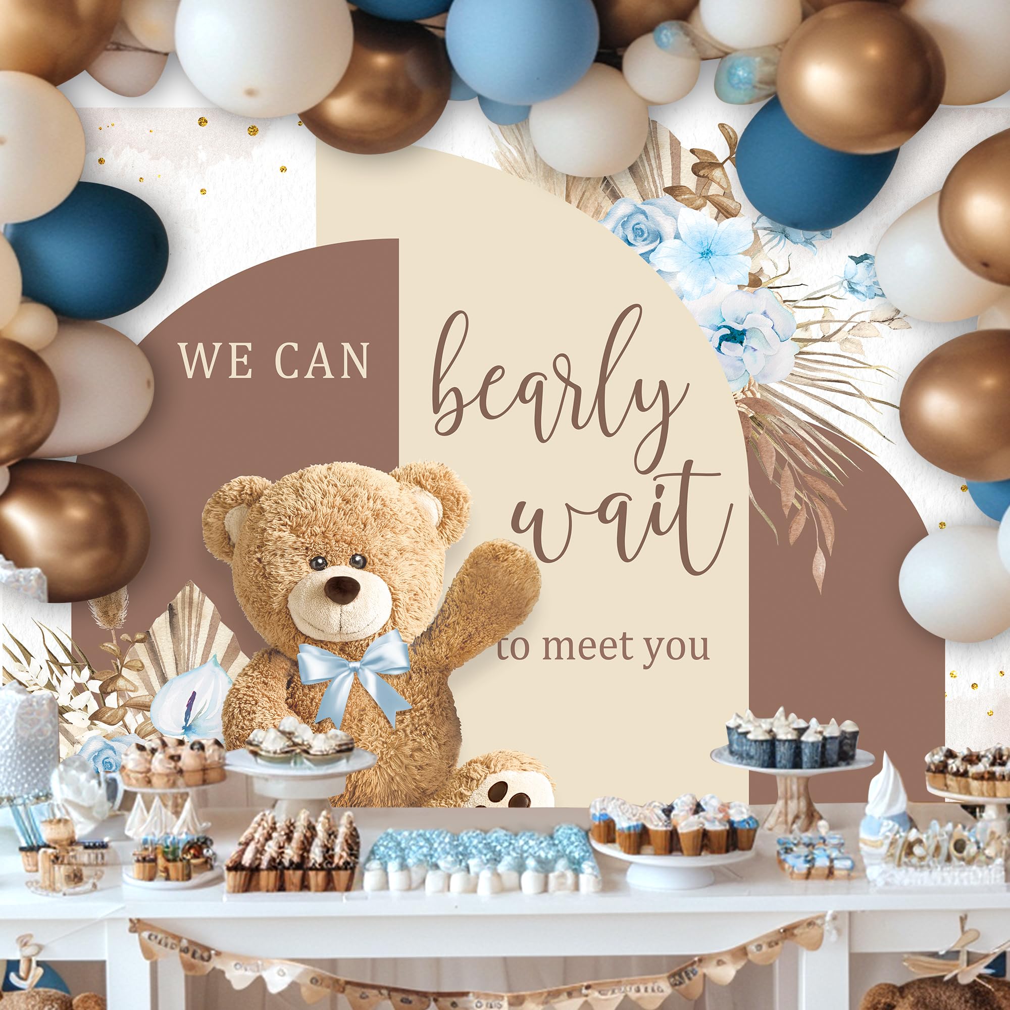 Lightinhome Bear Baby Shower Backdrop 7Wx5H Feet We Can Bearly Wait Cute Blue Brown Floral Pampas Grass Arch For Boys Kids Photo