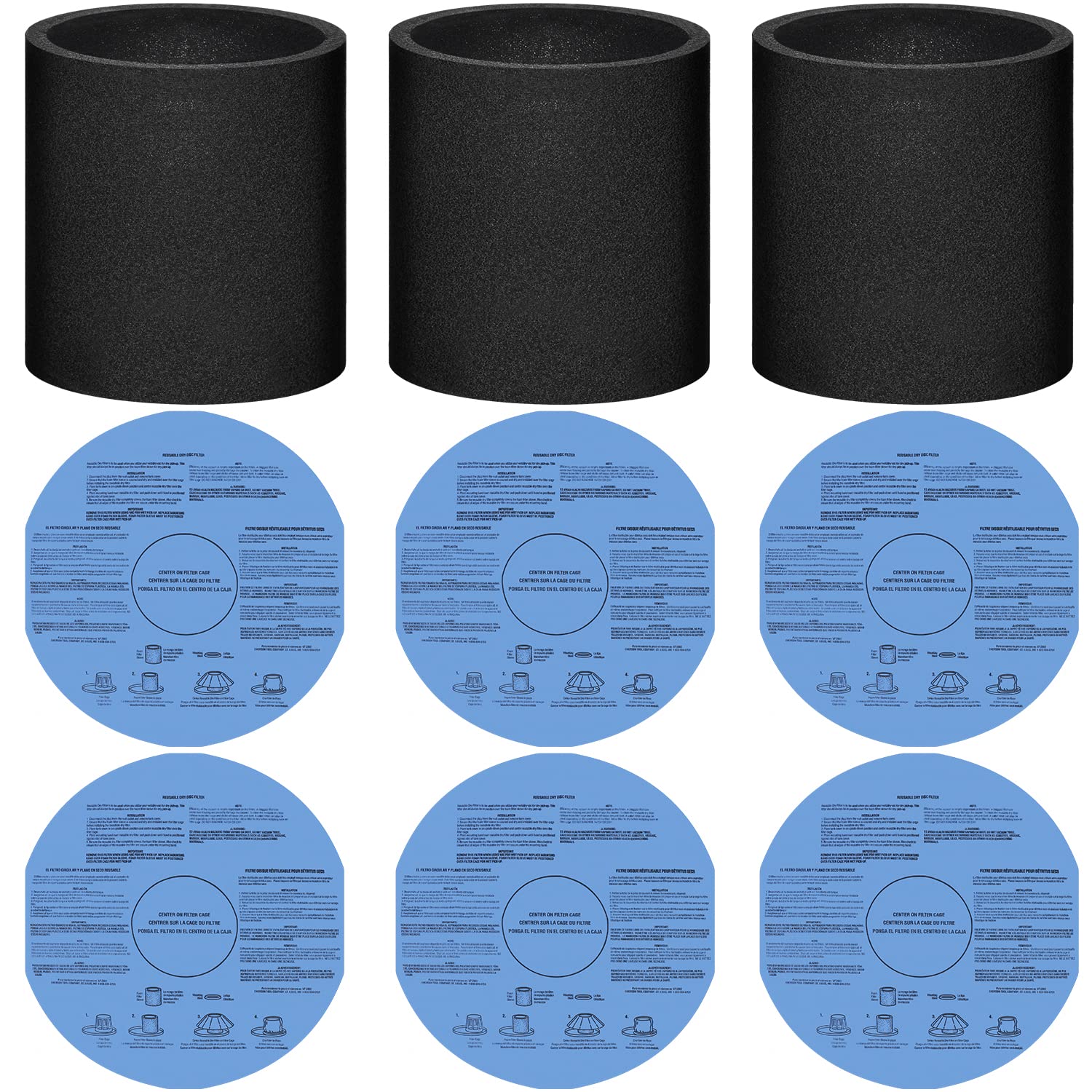 Anewise 3 Pack 90585 Filter Foam Sleeve And 6 Pack 9010700 Dry Filter Disc For Shop Vac Wet/Dry For Vacmaster For Genie Shop 5 G