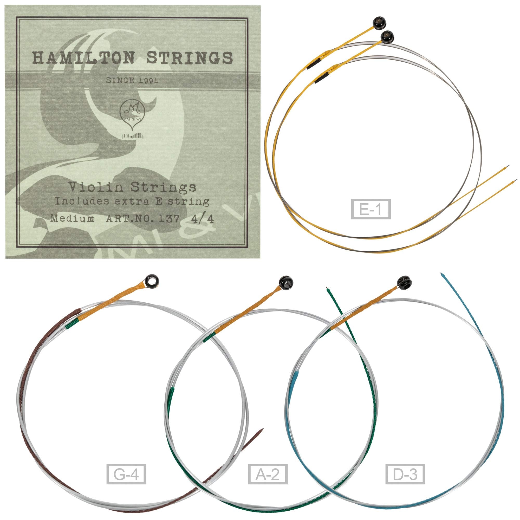 Mi&Vi Hamilton Violin Strings   3/4 Scale Full Set (G D A E) With Extra E String | Germany Steel | Ball End | Medium Gauge Tensi