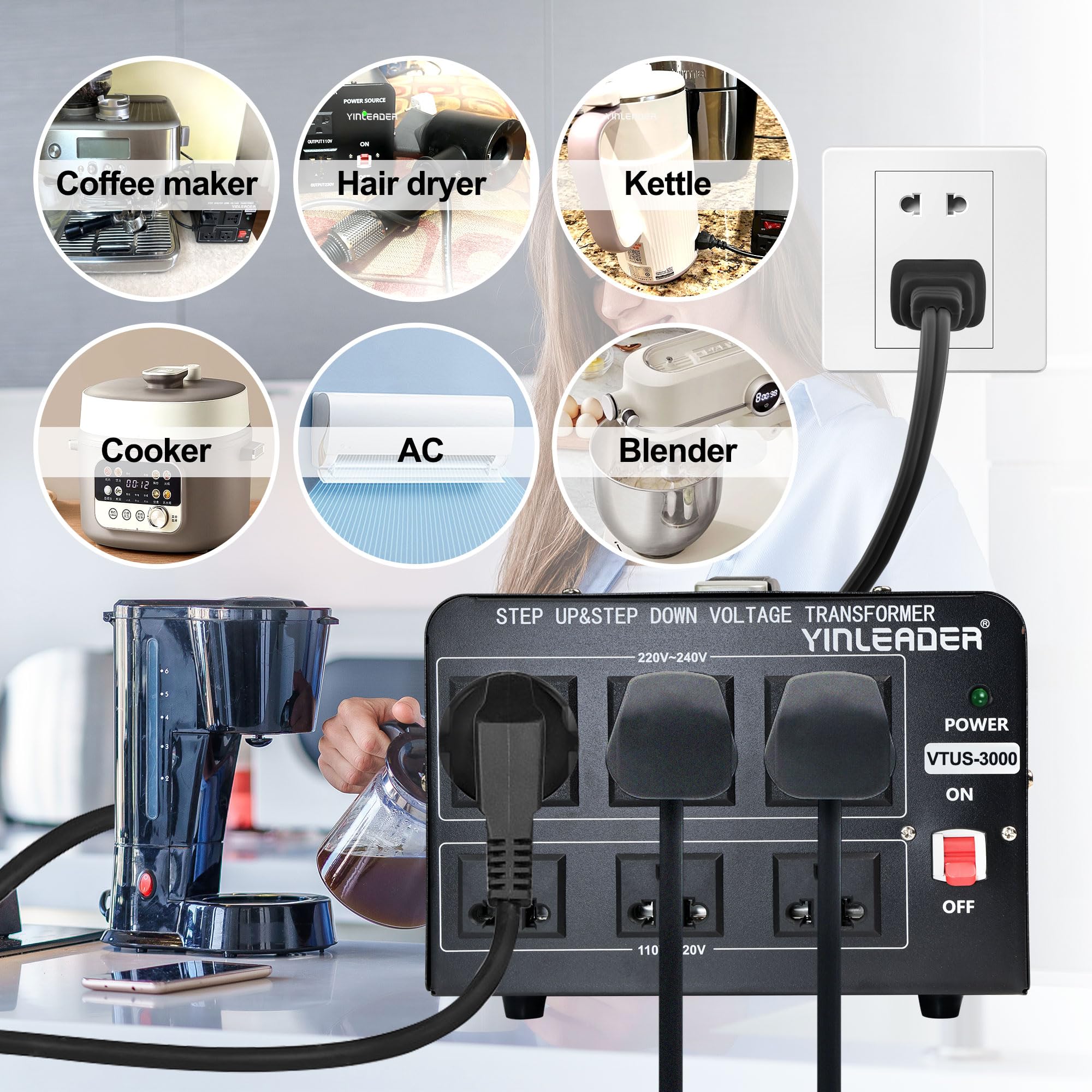 Yinleader Voltage Converter Transformer(110V To 220V, 220V To 110V) Step Up/Down Transformer Converter 110/120 Volt   220/240 Vo