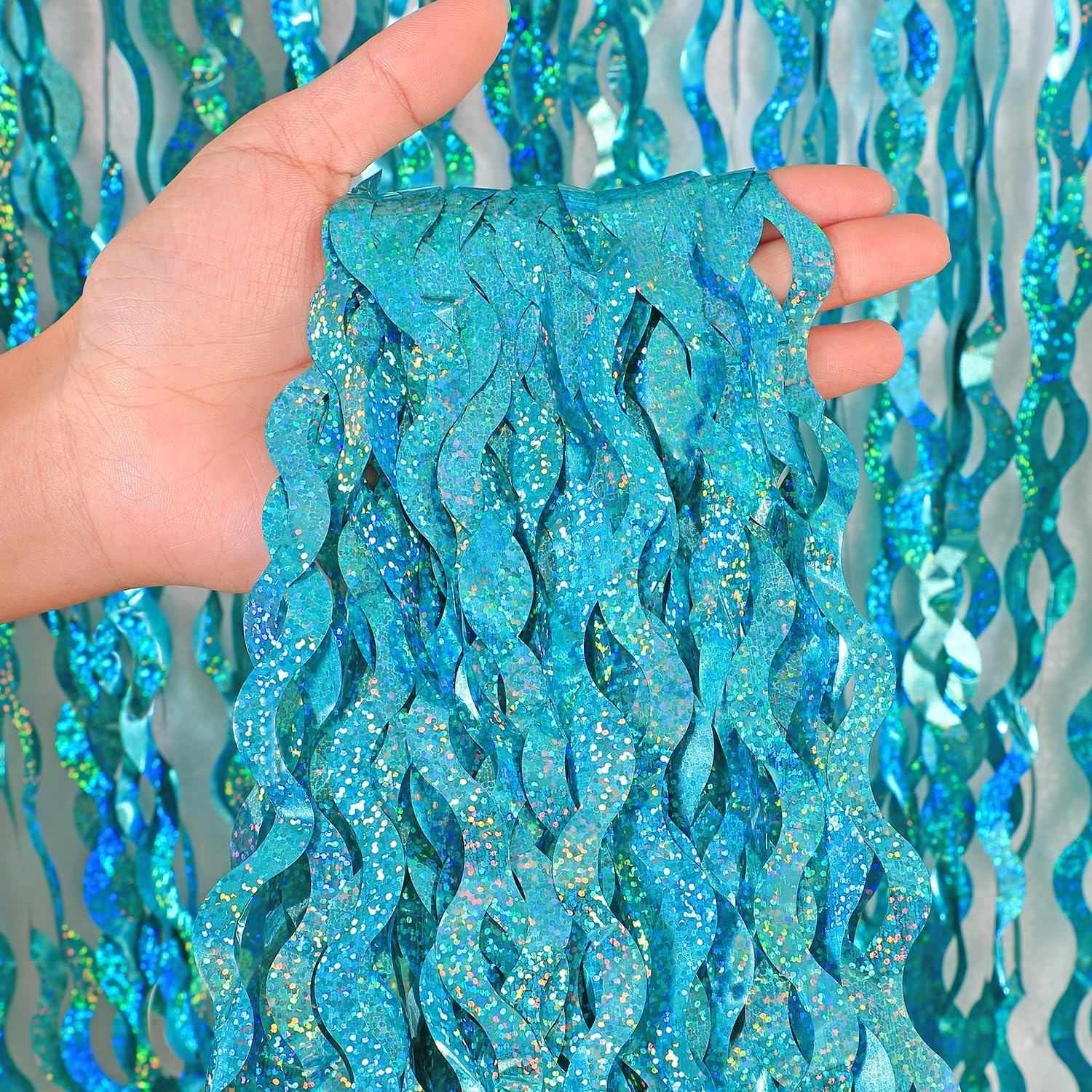 4 Pack Teal Aqua Blue Wavy Foil Fringe Curtains Party Decorations   3.3 Ft X 6.6 Ft Sparkle Streamer Tinsel Curtain Party Photo
