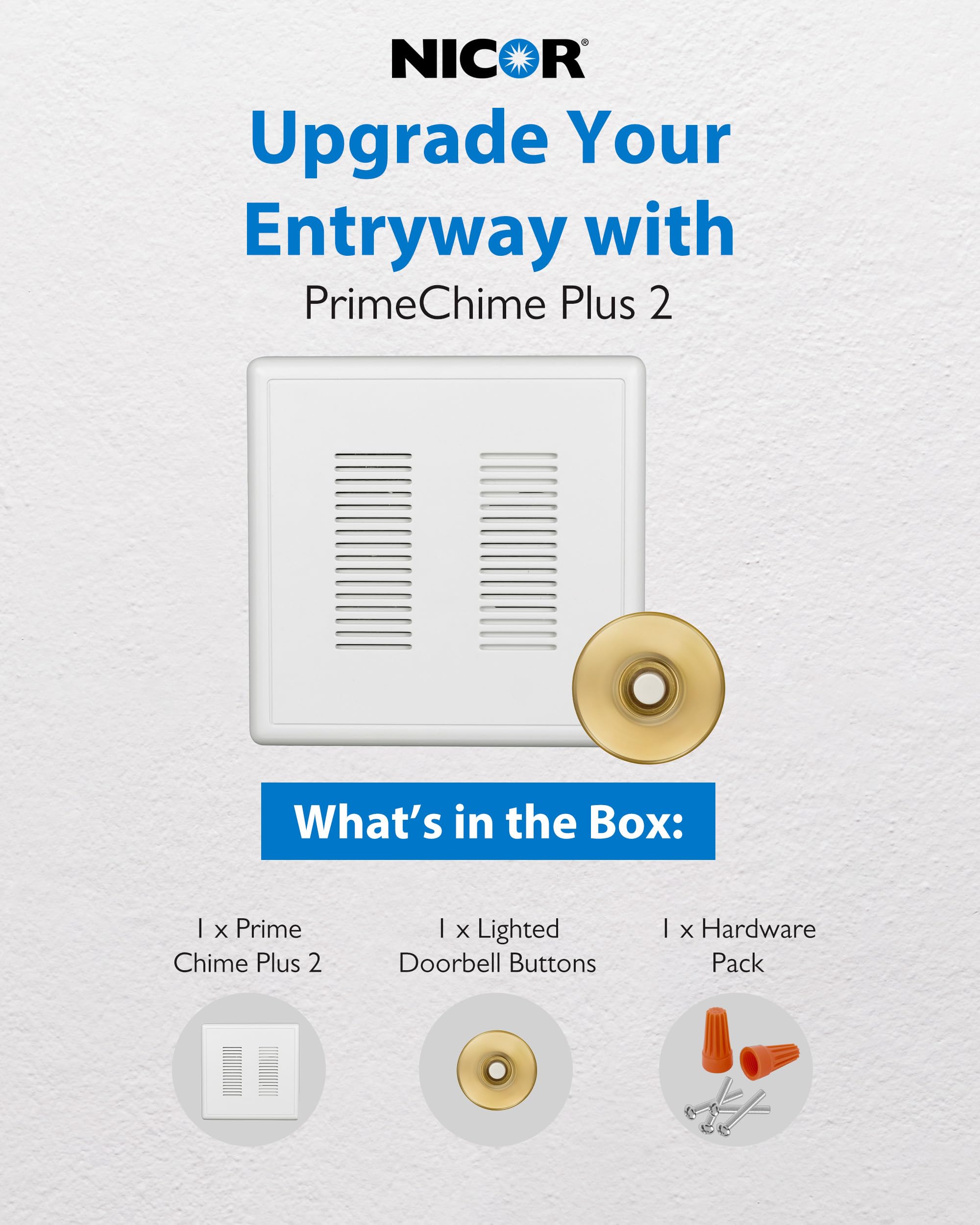 Primechime Plus 2 Electric Doorbell Kit   Doorbells For Home   Includes Selectable Ring Chimes   Stucco Button, Polished Brass