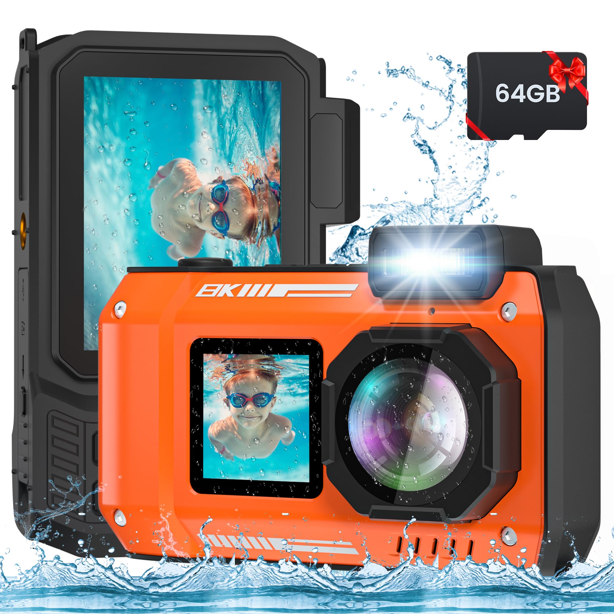 Upgraded 8K 70Mp Underwater Camera With 64G Card, 33Ft Waterproof Camera Rugged Dustproof Shockproof For Snorkeling, Selfie Digi