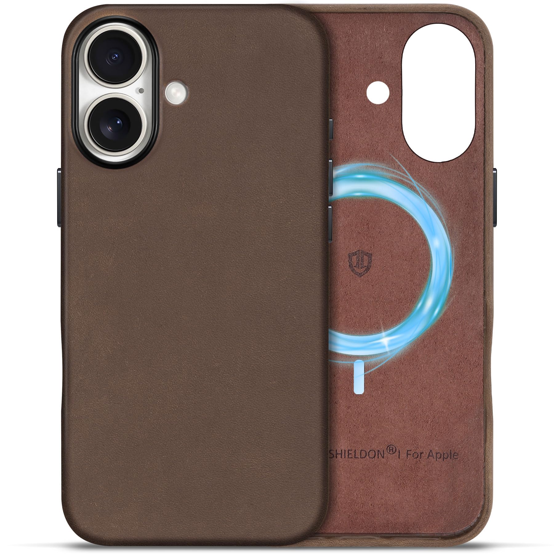 Shieldon Leather Case For Iphone 16, Top Grain Crazy Horse Leather Magnetic Wireless Charging Anti-Scratch Non-Slip Shock-Absorb