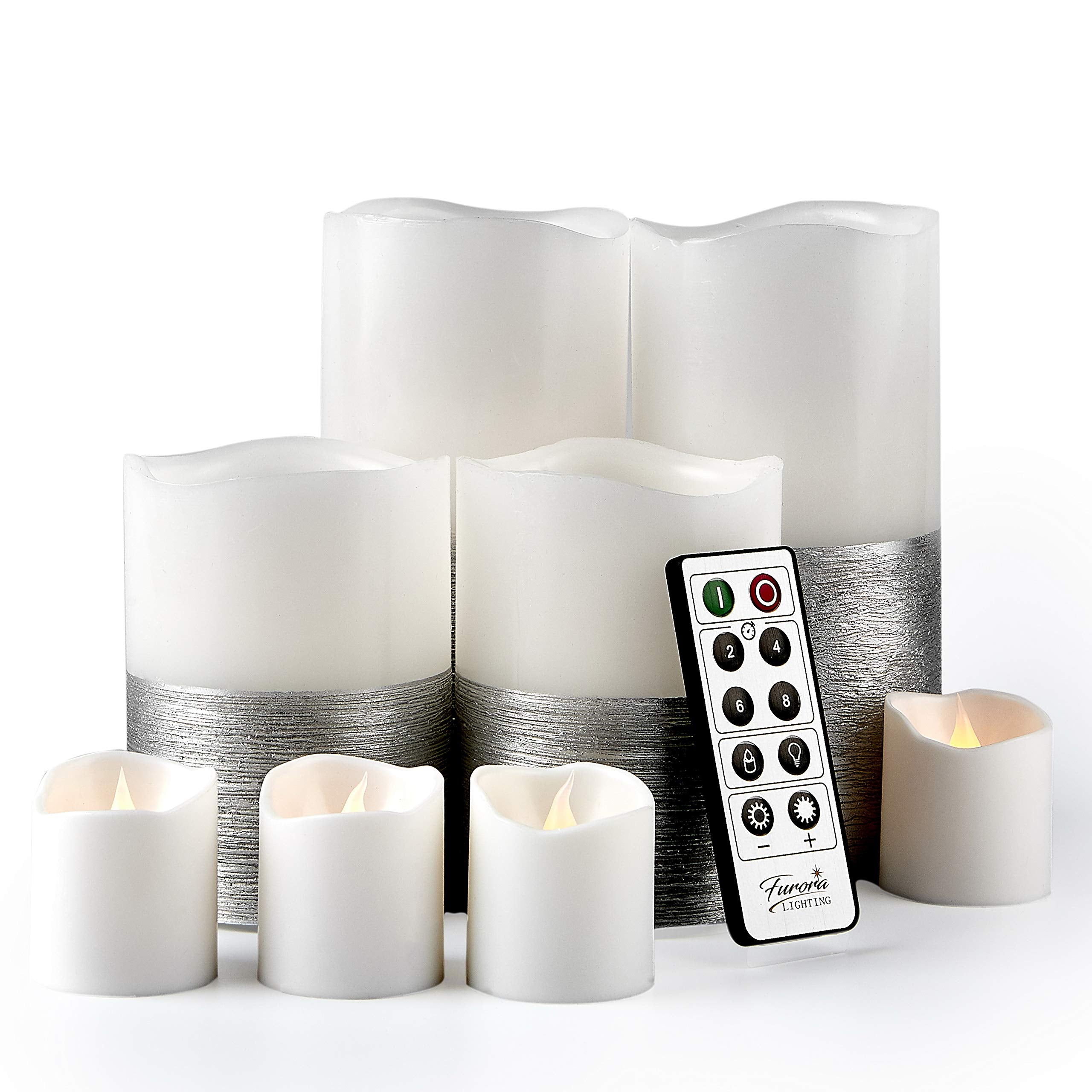 Furora Lighting Silver Real Wax Trim Candles With Remote And Timer, Pack Of 8 Pillar & Votive Candles, Led Flameless Flickering