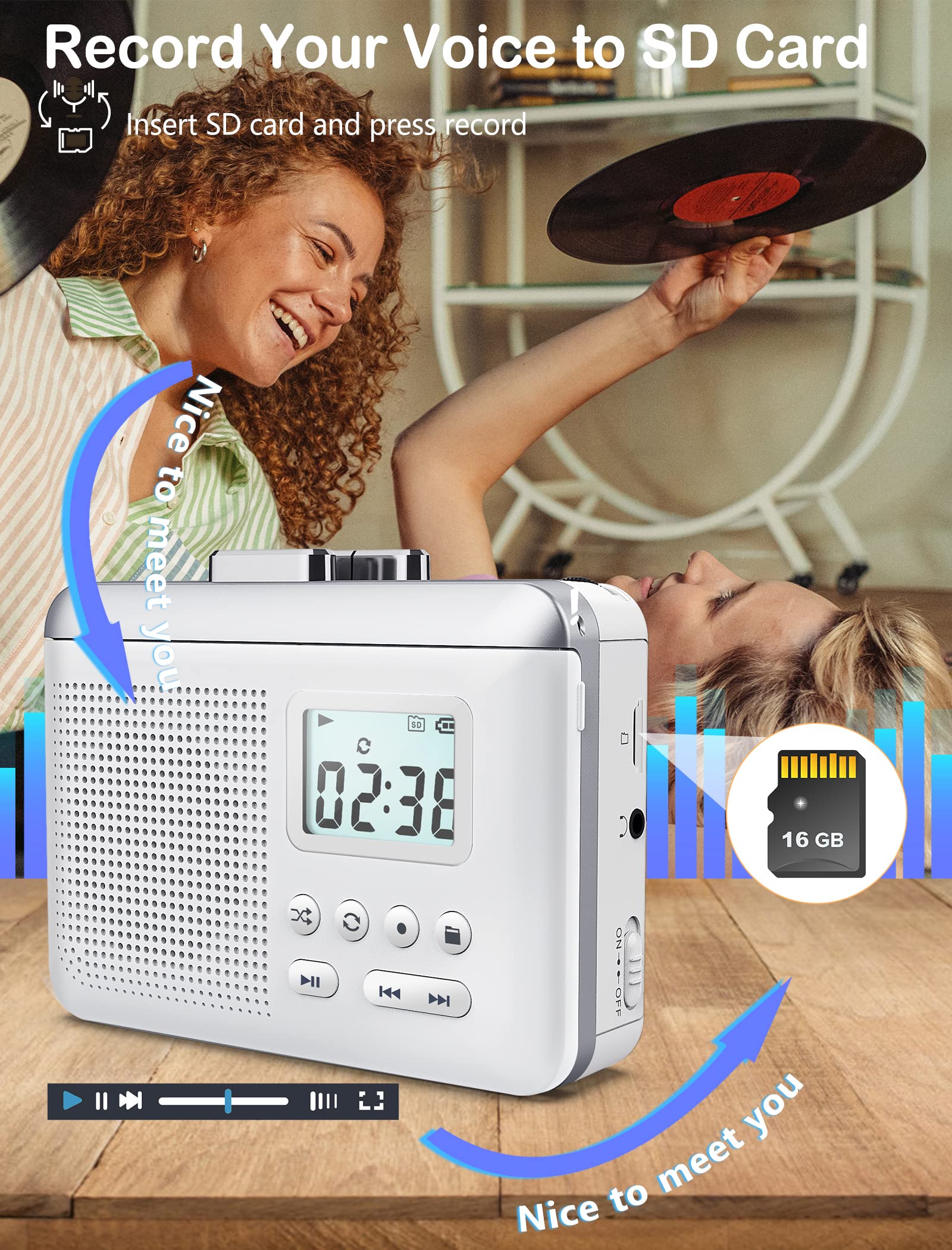 Gracioso Portable Cassette Player Recorder Converter,Cassette To Mp3 Via Sd Card, Walkman Cassette Tape Player With 1000Mah Rech