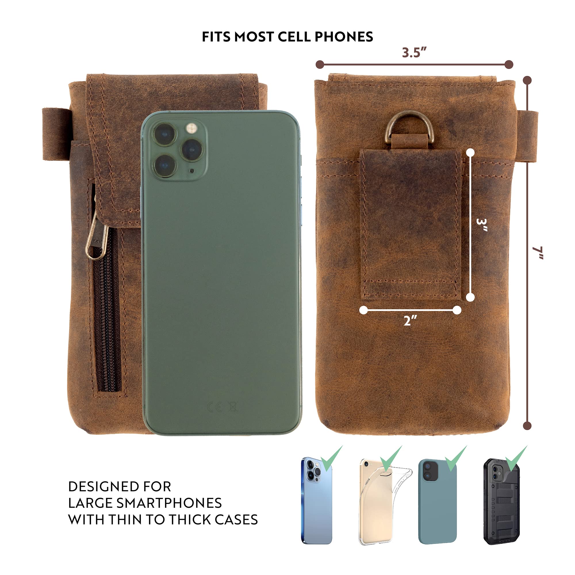 MOONSTER® Leather Phone Holster - Full-Grain Buffalo Leather, 7” H x 3.5” W, Brown, Secure Belt Holder for Large Smartphones