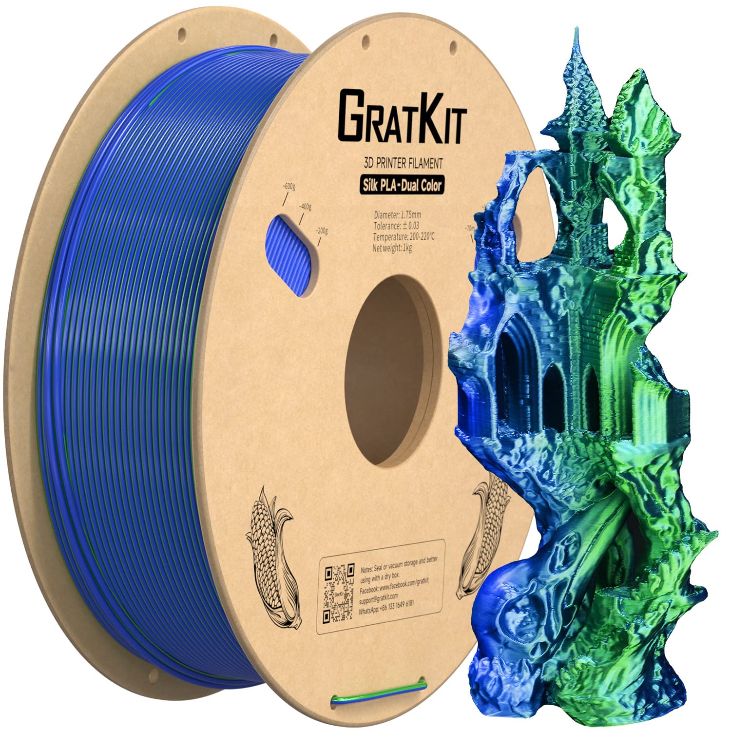 Gratkit Silk Dual Color Pla Filament, Coextrusion Pla Filament 1.75Mm,  0.03Mm, 1Kg/Roll, Silk Pla Blue & Green