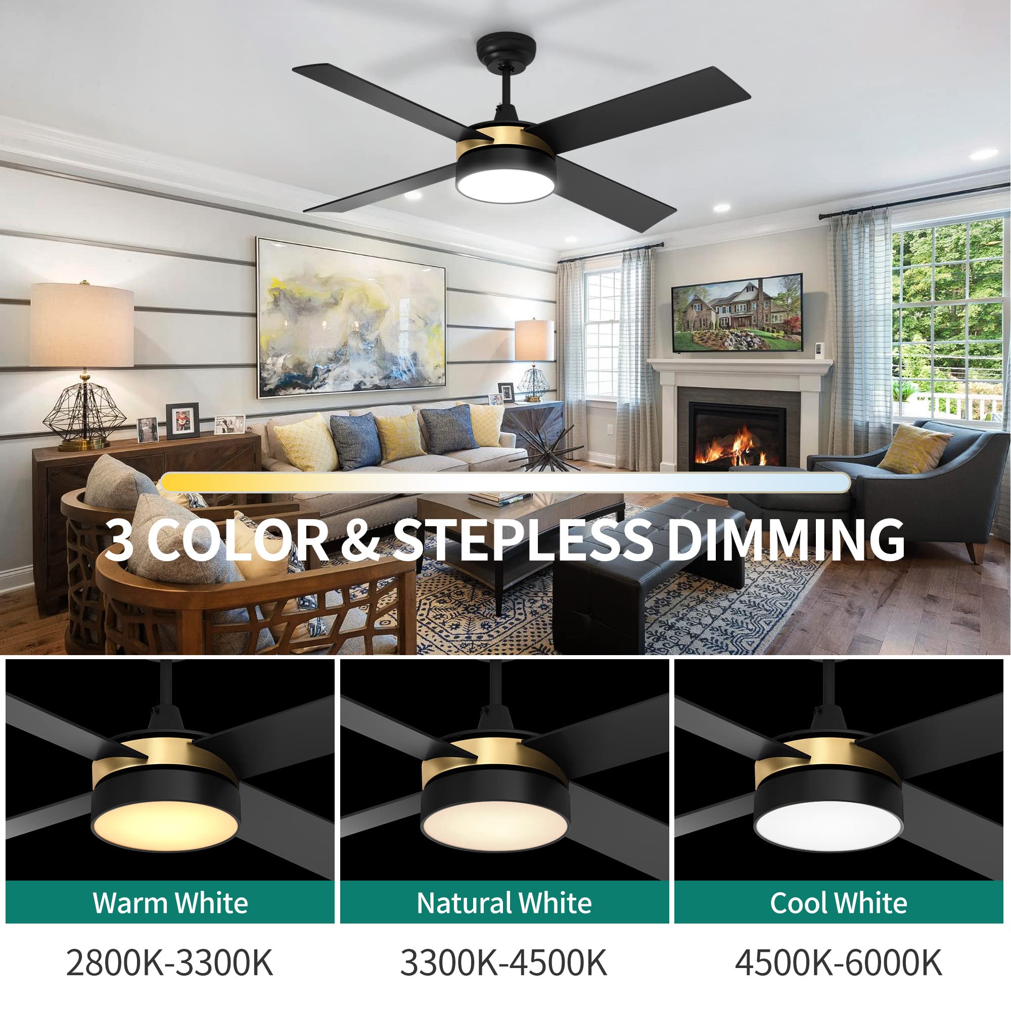 Yitahome Black Ceiling Fans With Light And Remote, 52 Inch Gold Dimmable Fanlight For Indoor Outdoor, Light Fan With Stepless Co