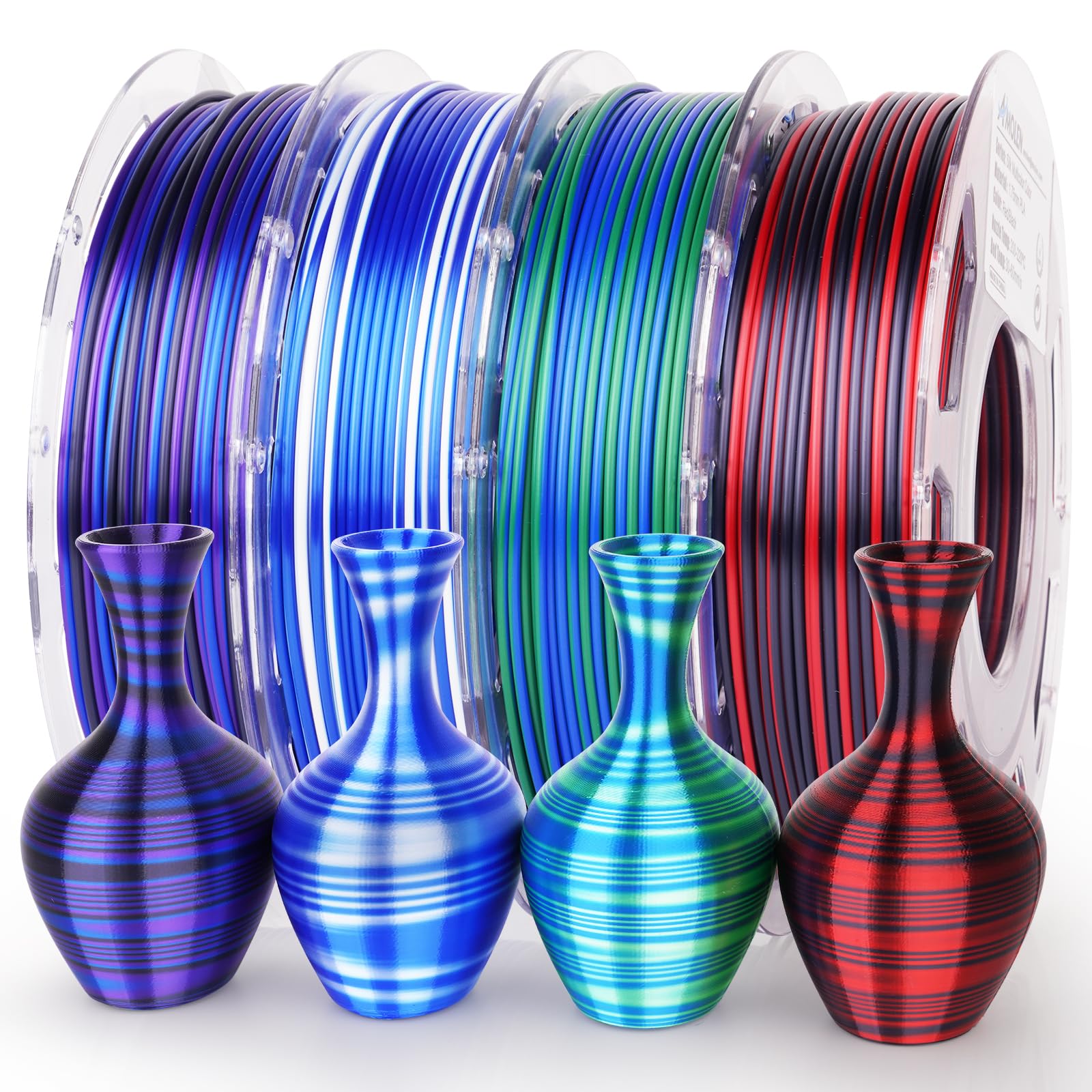 Amolen Silk Pla 3D Printer Filament Bundle, Multicolor Rainbow Pla 1.75Mm, Shiny Fast Color Change Pla Irregular Stripes 3D Prin