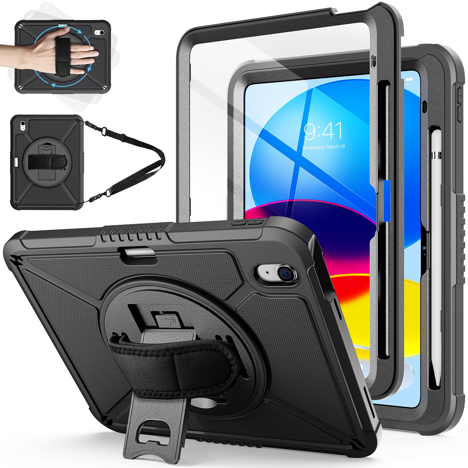 Ztotopcases For Ipad 10Th Generation Case 10.9 Inch With Screen Protector, Pen Holder, Handle Shoulder Strap,360 Rotating Stand