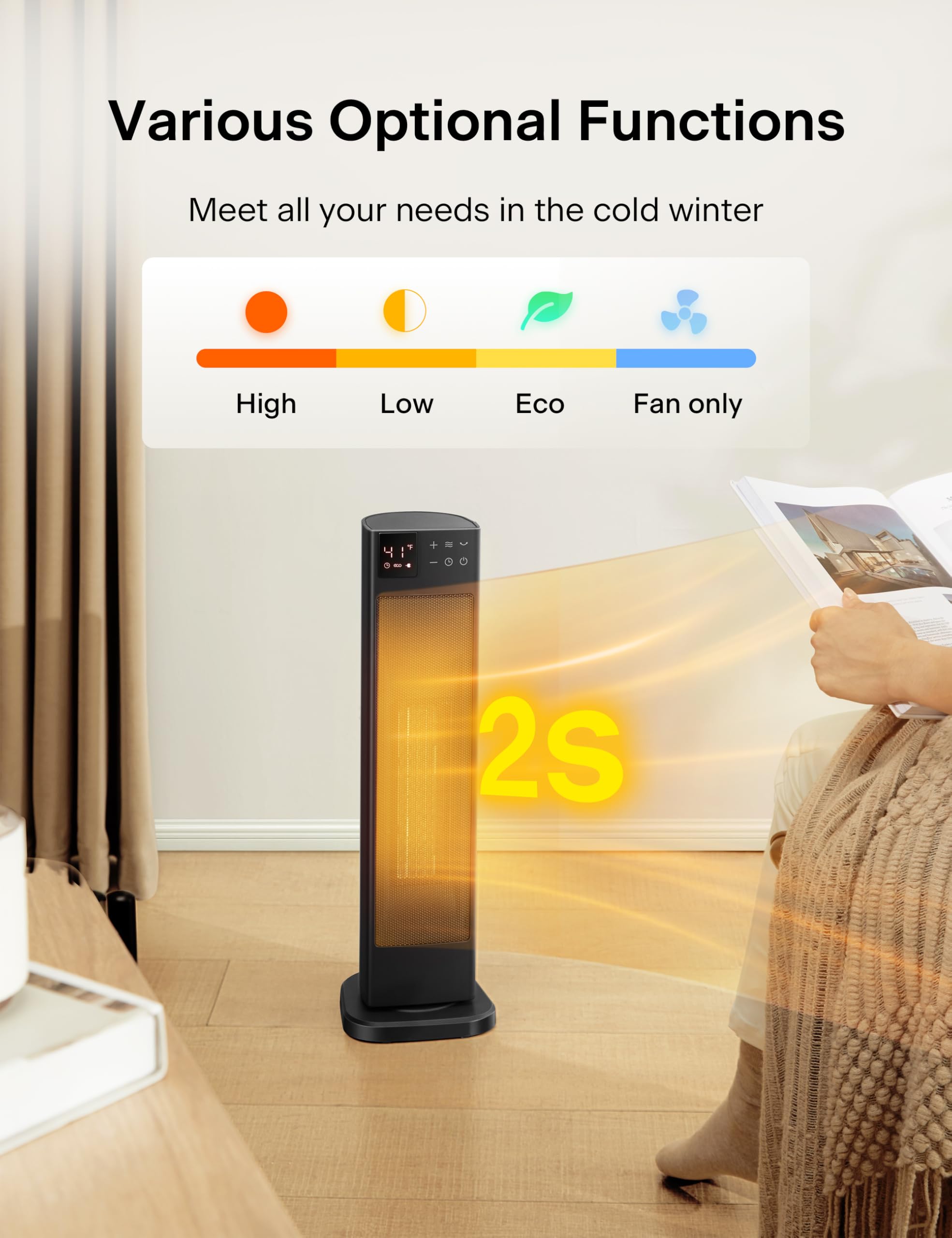 Pelonis Oscillating Ceramic Tower Indoor Space Heater For Home With Oscillation, Programmable Thermostat & Eco Mode, 12H Timer &