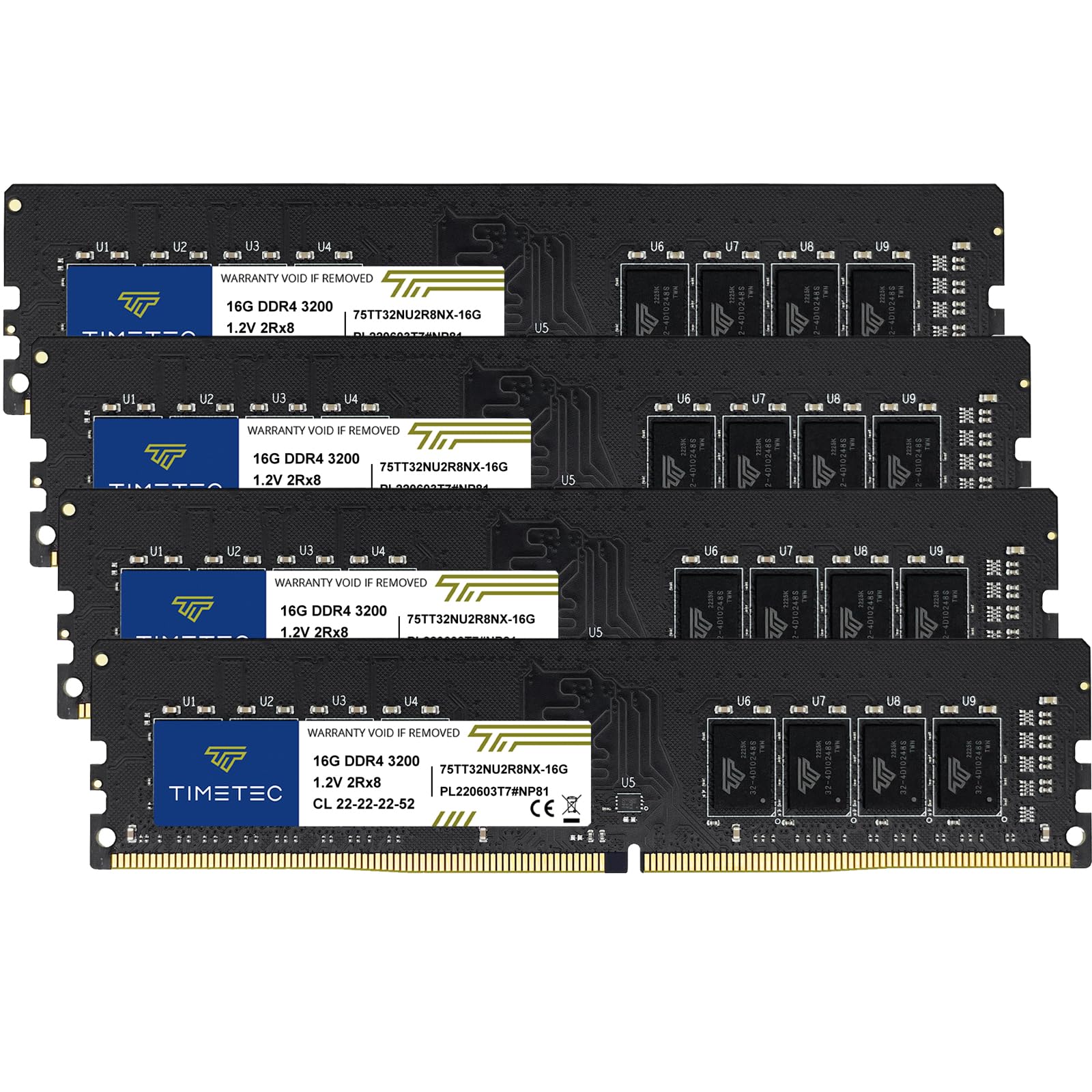 Timetec 64Gb Kit(4X16Gb) Ddr4 3200Mhz (Or 2933Mhz Or 2666Mhz) Pc4 25600 Non Xmp Cl22 1.2V Non Ecc Unbuffered 2Rx8 Dual Rank 288
