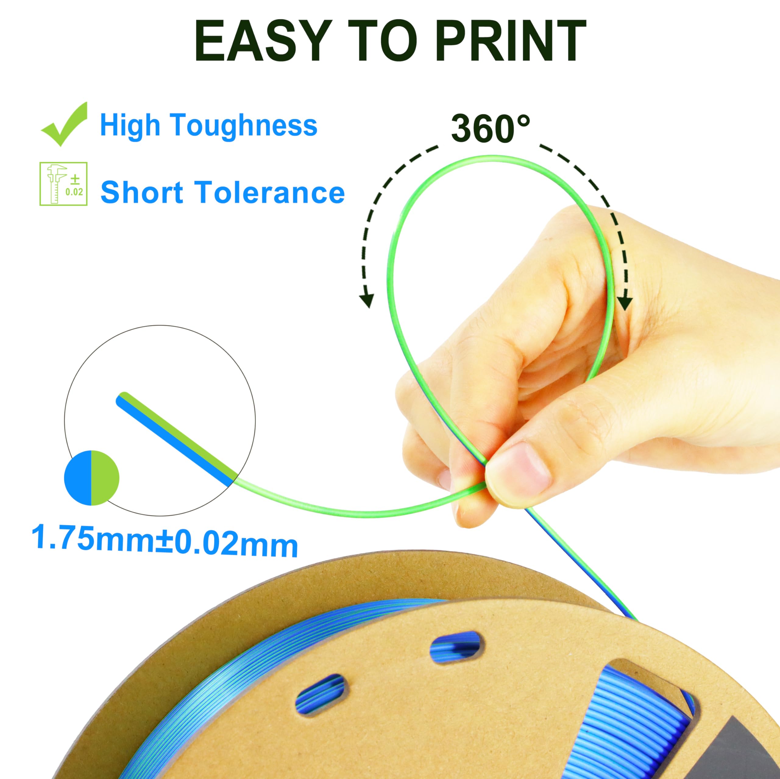 Lovoon Pla Filament 1.75Mm Silk Blue Green Dualcolors, Color Change By Angle 3D Printing Filament, Shiny Coextrusion Pla Filamen