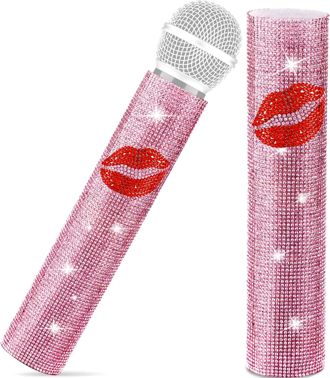 Facmogu Pink Rhinestones Handle Cover, Red Lips Glitter Mic Sleeve For Wireless Microphone, Sparkly Crystal Mic Cover Sleeve, Be