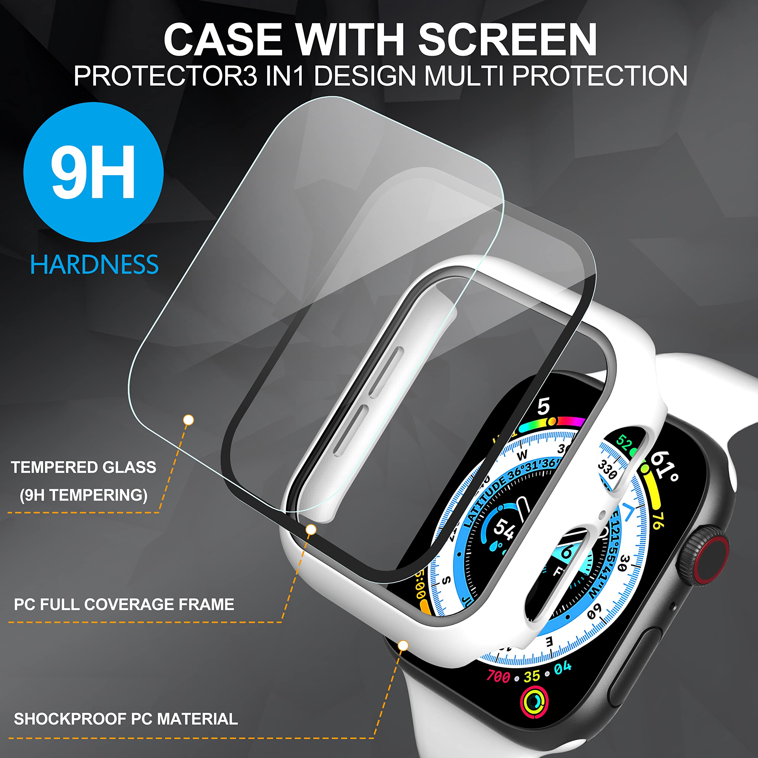 Diruite 2 Pack For Apple Watch Series 7 45Mm, Tempered Glass Screen Protector Case, Ultra Thin All Around Protection Cover, Whit