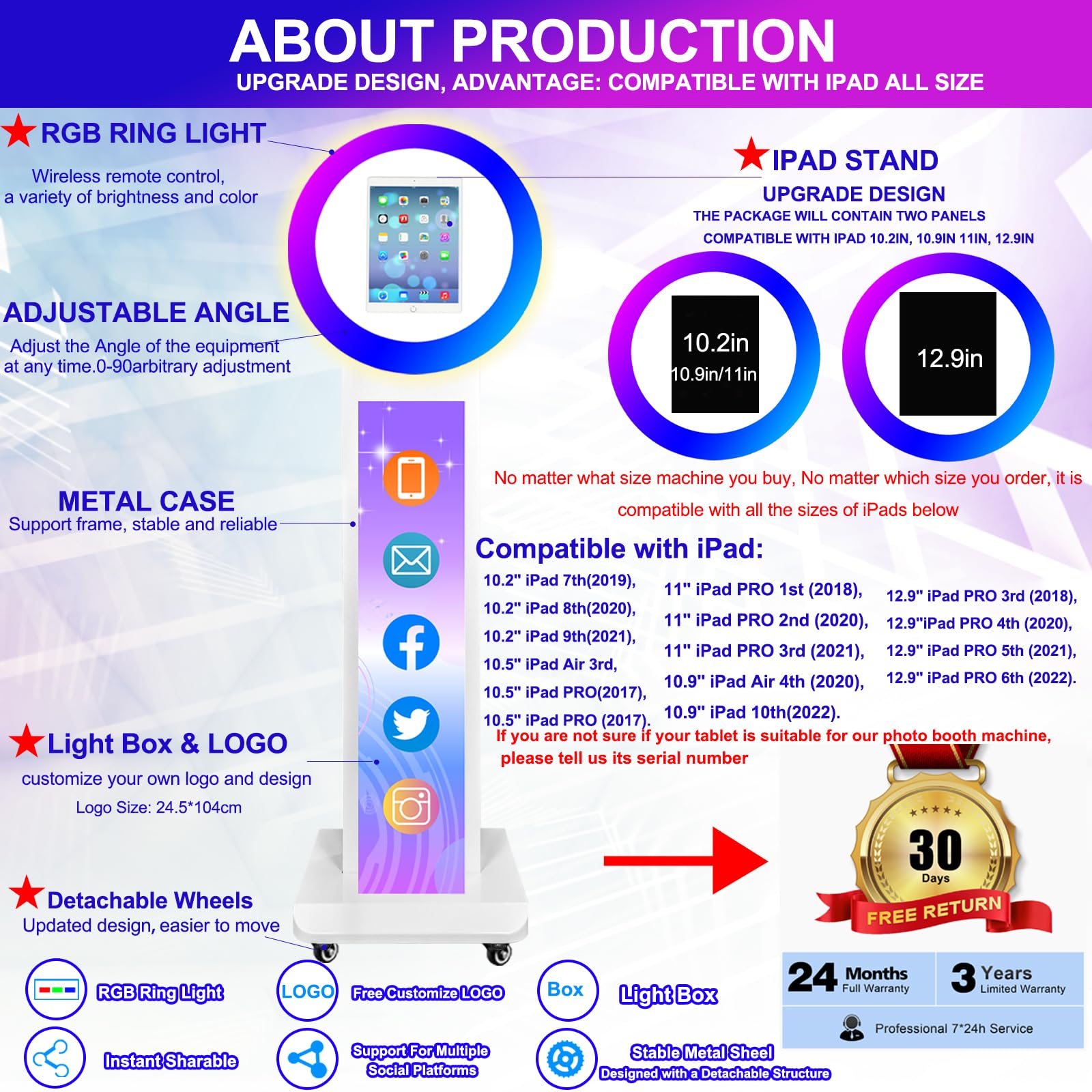 Hitugu Portable Photo Booth For Ipad 10.2In 10.9In 11In 12.9In, Metal Shell Selfie Station Photobooth Machine,Rgb Ring Light,Fre