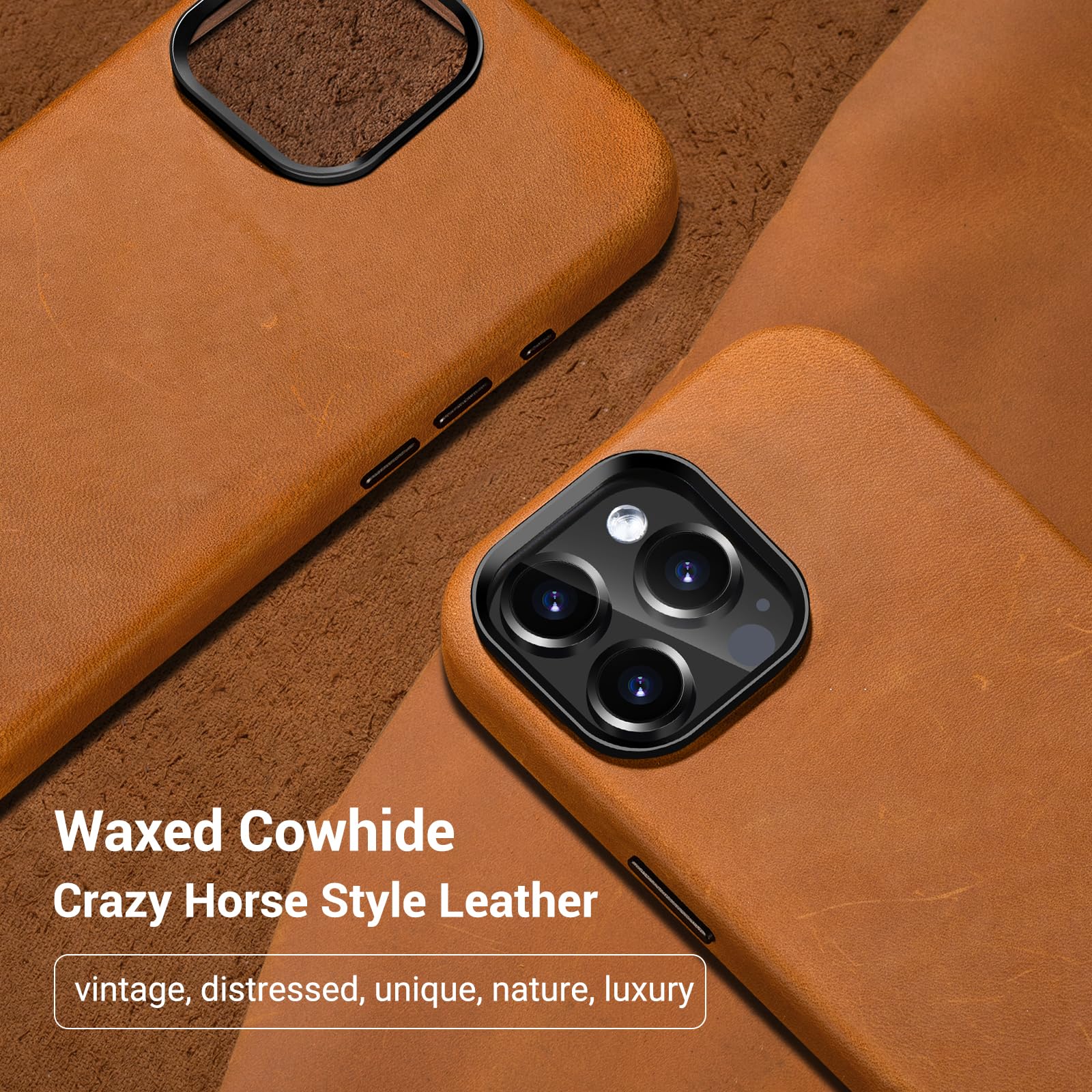 Belemay Compatible With Iphone 15 Pro Leather Case With Magsafe - Top Grain Vintage Crazy Horse Leather - Metal Buttons & Lens P
