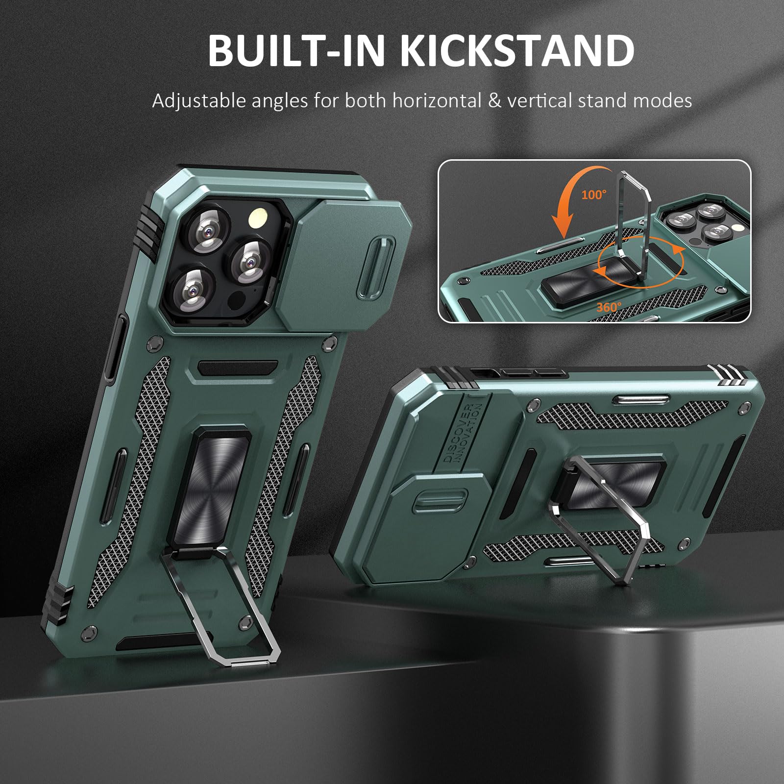 Sefing Phone Case For Iphone 15 Pro Case With Slide Camera Cover, With Finger Ring Holder Stand, Fit Magnetic Car Mount, For Iph