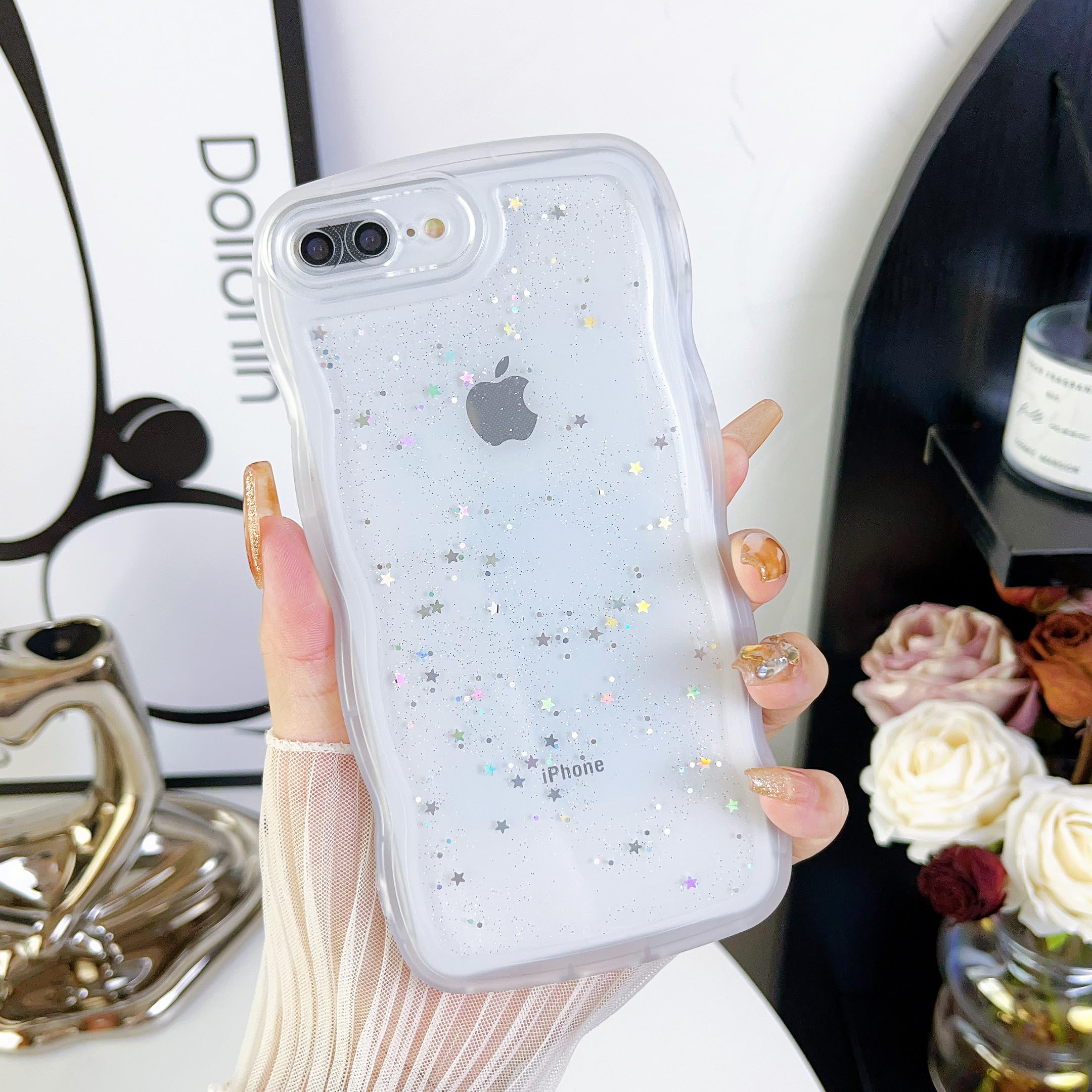 Qokey For Iphone 7 Plus Case,For Iphone 8 Plus Case,Curly Wave Design Transparent Bling Glitter Star Shiny Case, Cute Clear Full