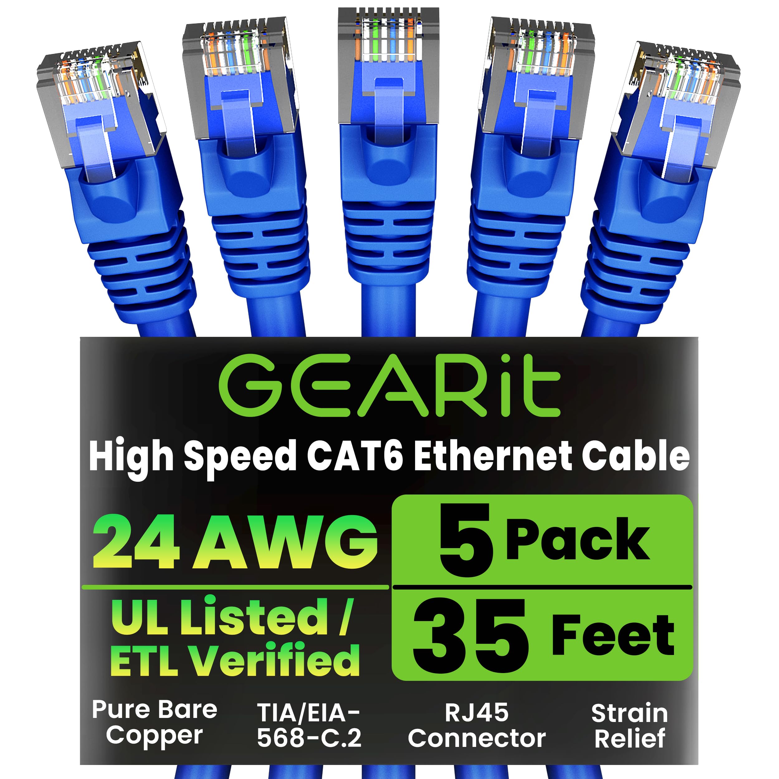 GEARit Cat 6 Ethernet Patch Cable 35 ft Blue (5 Pack) - Cat6 Patch Cables 35ft Blue/Ethernet Patch Cable, 10Gbps 550MHz 24AWG Pu