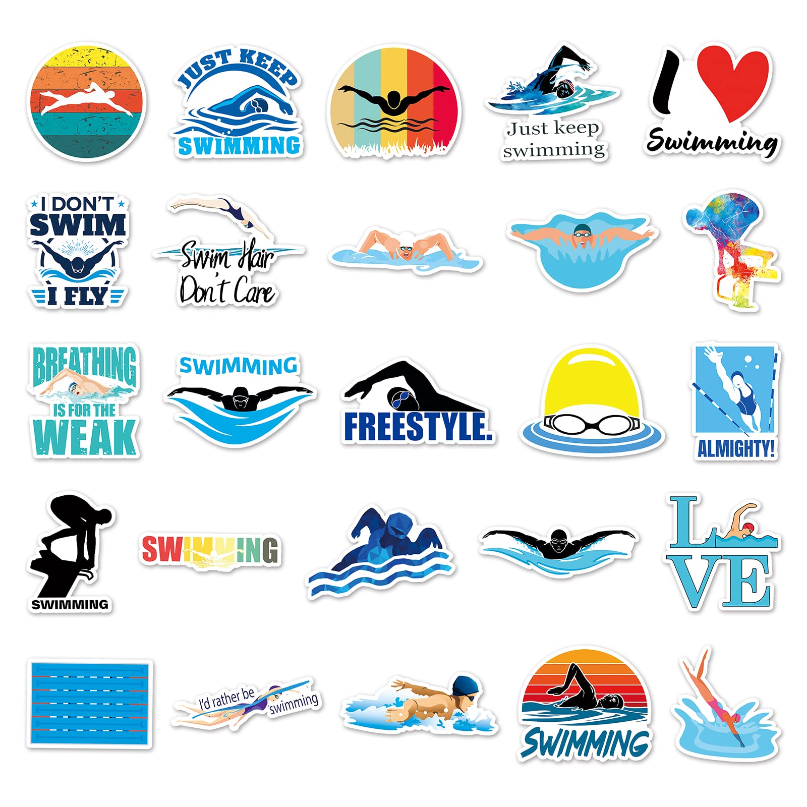 100 Pcs Swimming Stickers, Vinyl Waterproof Swimming Stickers For Water Bottles, Laptop, Notebook, Scrapbook, Luggage, Cell Phon