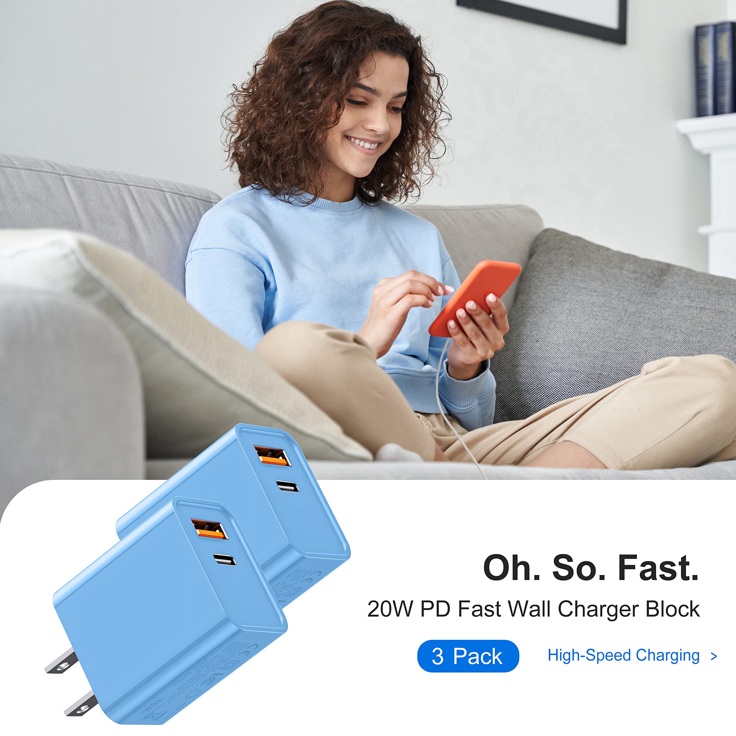 Csodince 3 Pack Dual Port Usb C Charger Block, 20W Power Delivery + Qc3.0 Usb A Double Port Fast Charging Brick For Iphone 16 15