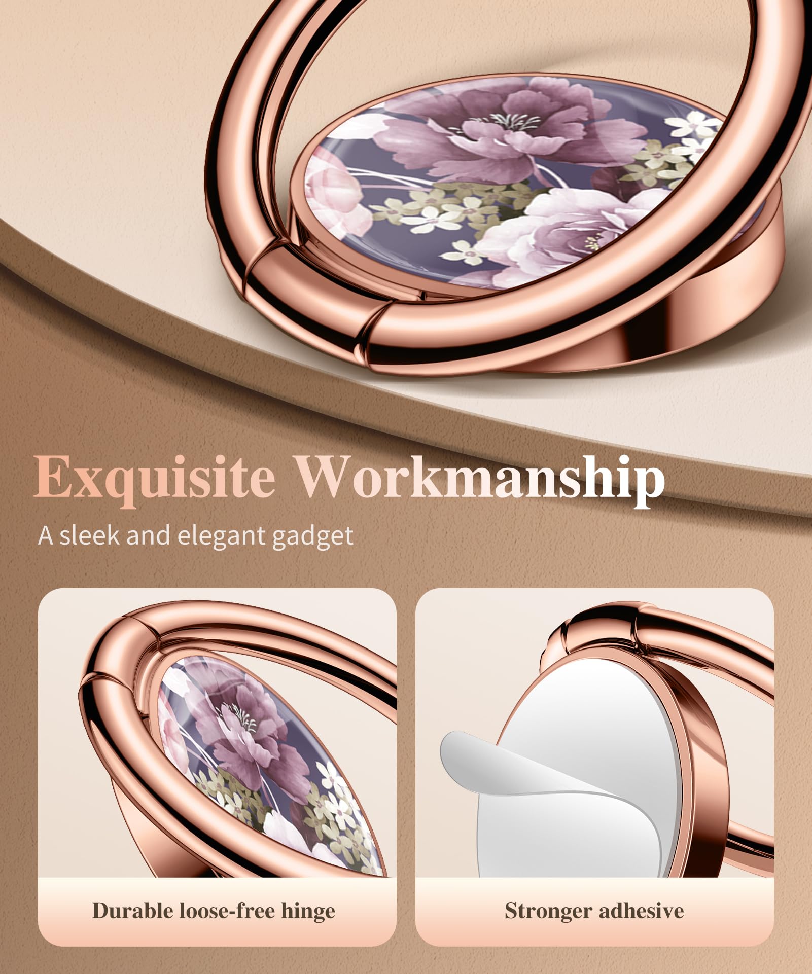 Gviewin Floral Cell Phone Ring Holder, Metal Kickstand Grip For Magnetic Car Mount Compatible With Iphone 16 Pro Max/15 Plus/14/