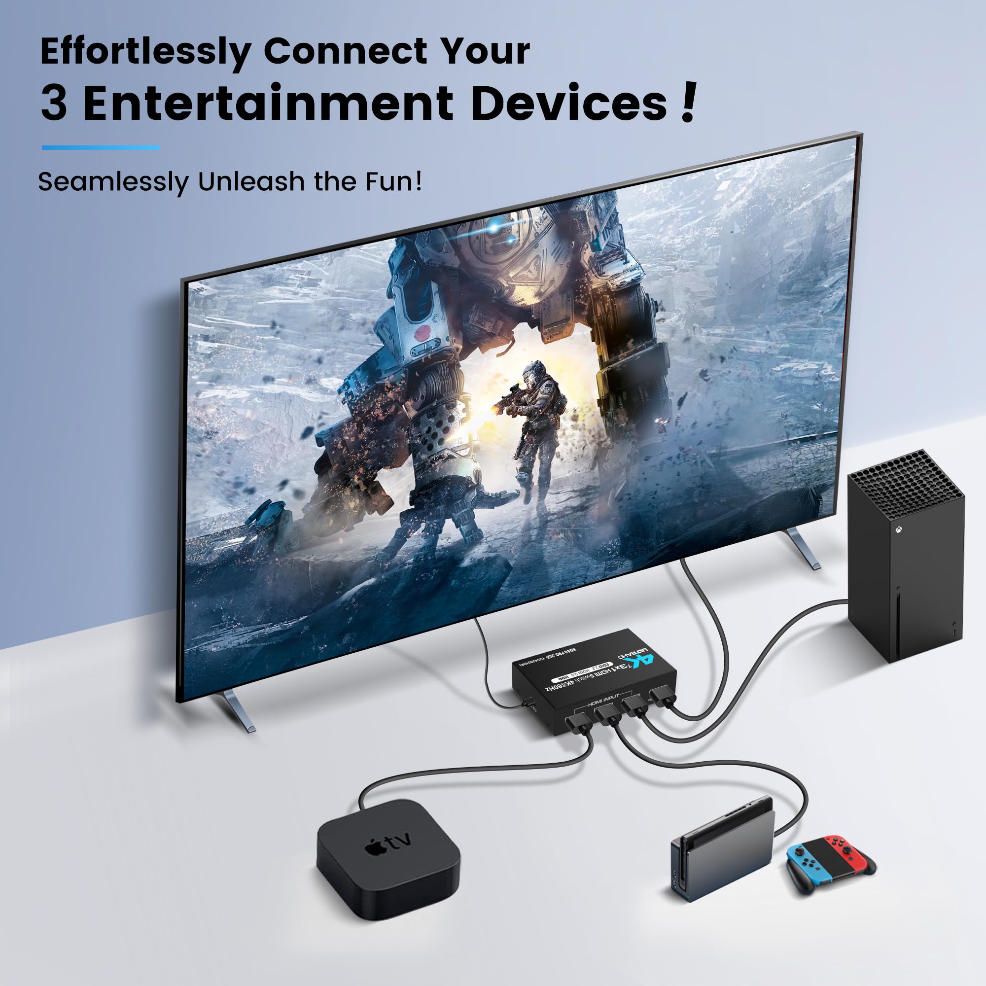 Newcare Hdmi Switch 3 In 1 Out 4K@60Hz Hdmi Splitter, 4K Hdmi Switch With Remote Metal Hdmi Switch Box Hub Support 4K@60Hz/30Hz 1080P 3D Hdr Auto Switching For Ns Xbox Ps4/5 Pc Fire Stick Roku