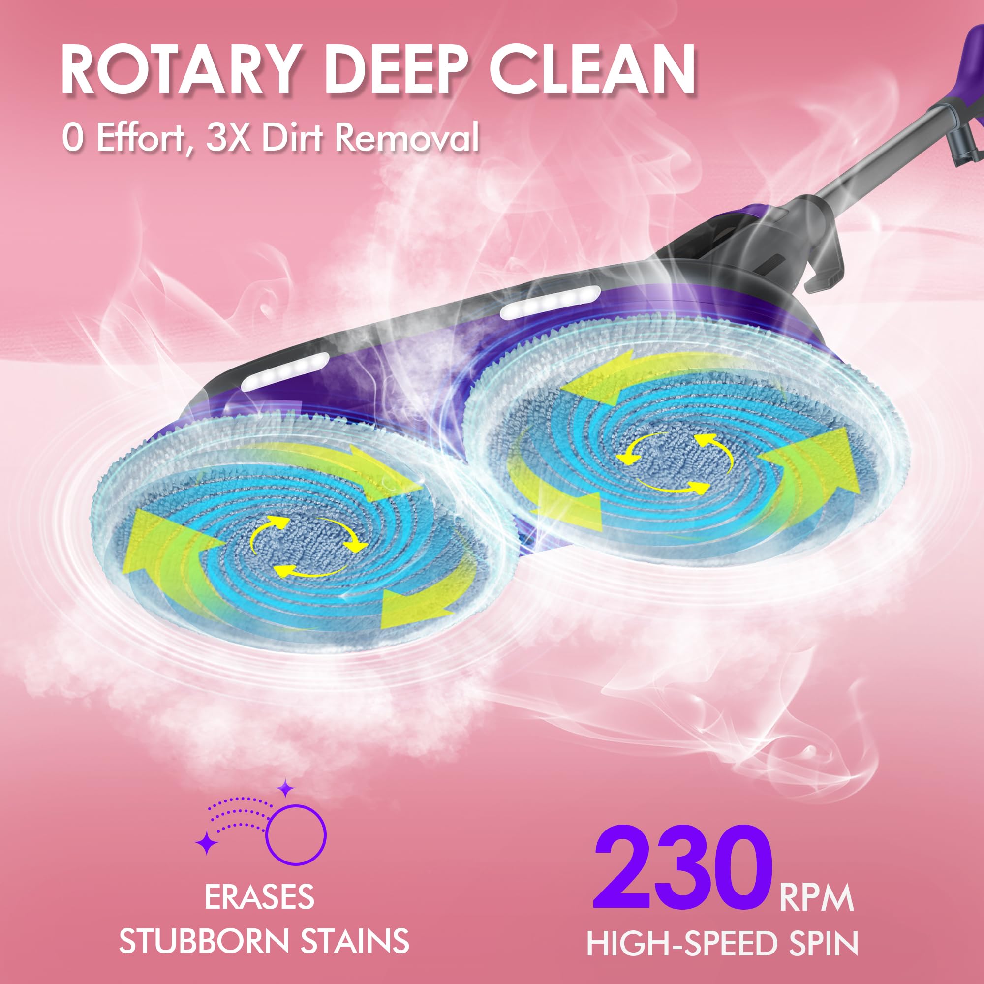 Bojuk Scrub & Steam Mop With Rotating Mop Pads, Led Headlights, 6 Scrub Pads, Large Tank, Swivel Steering, Effortless Scrubbing