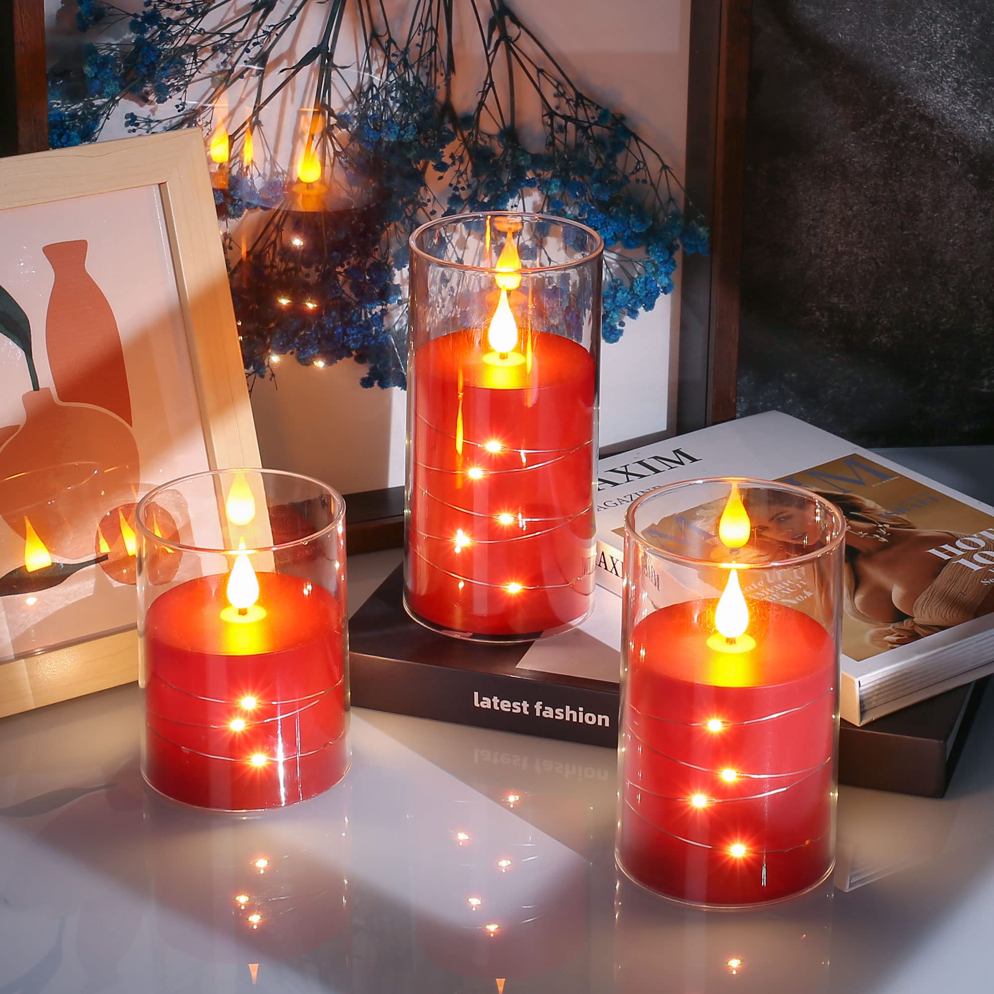 Da By Red Flameless Candles With String Lights, Battery Operated Candles With Remote And Timer,Flickering Acrylic Led Pillar Can