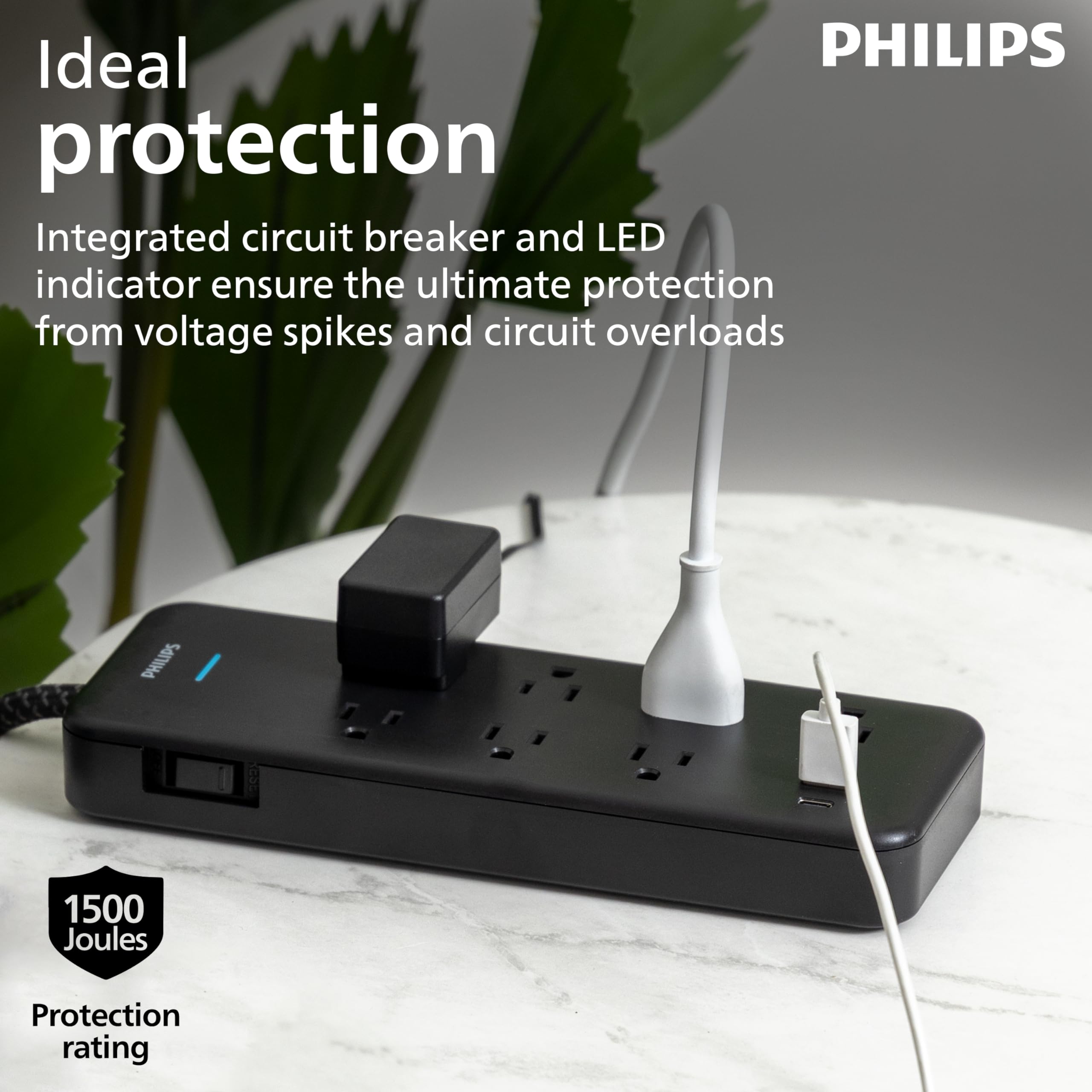 Philips 7 Outlet Surge Protector, 6 Ft Braided Extension Cord, Adapter Spaced, 1 Usb A, 1 Usb C, 15W, 1500J, Black, Spp3703B/37