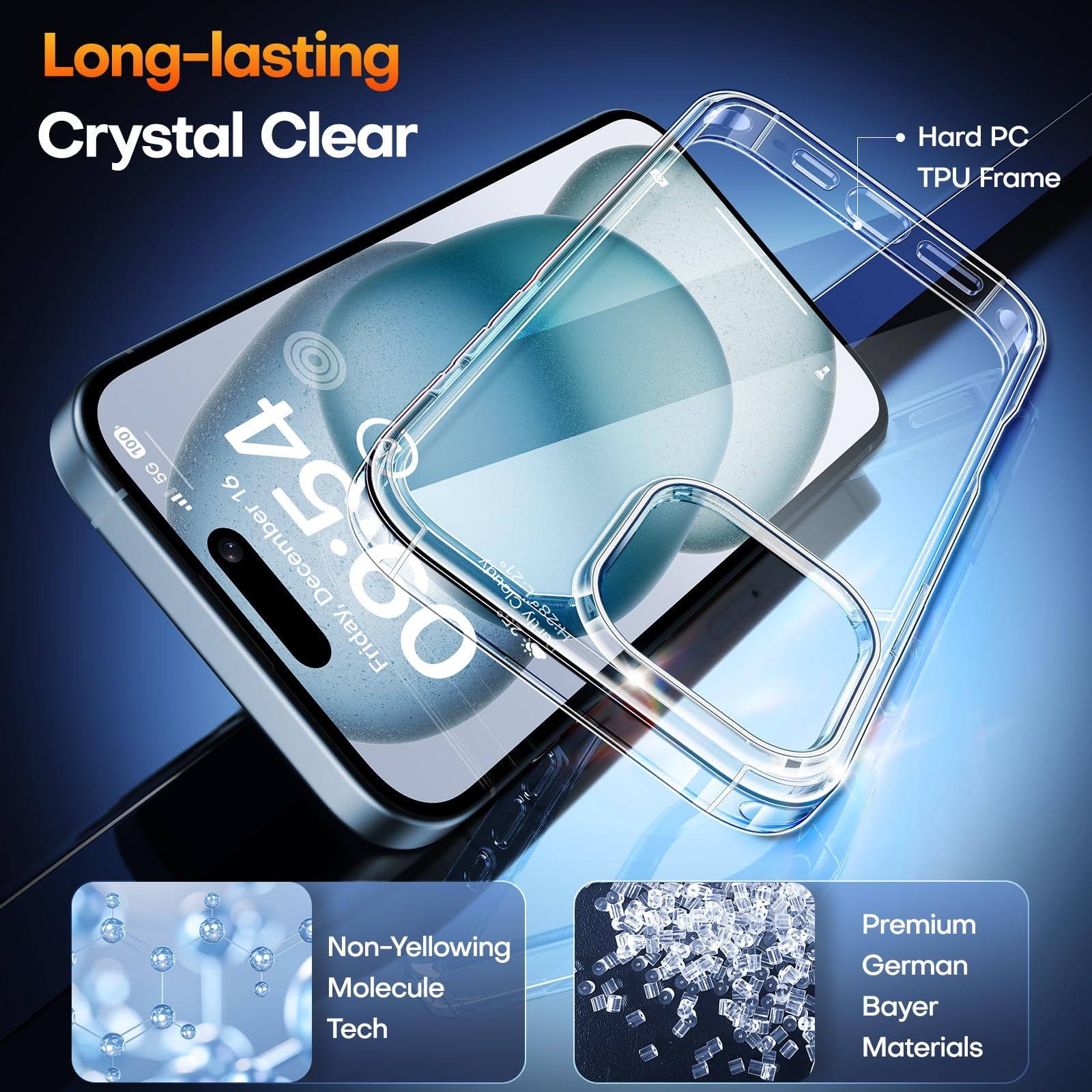 Tauri For Iphone 15 Case, [3 In 1] 1X Clear Case [Not Yellowing] With 2X Screen Protector, [15 Ft Military Grade Drop Protection