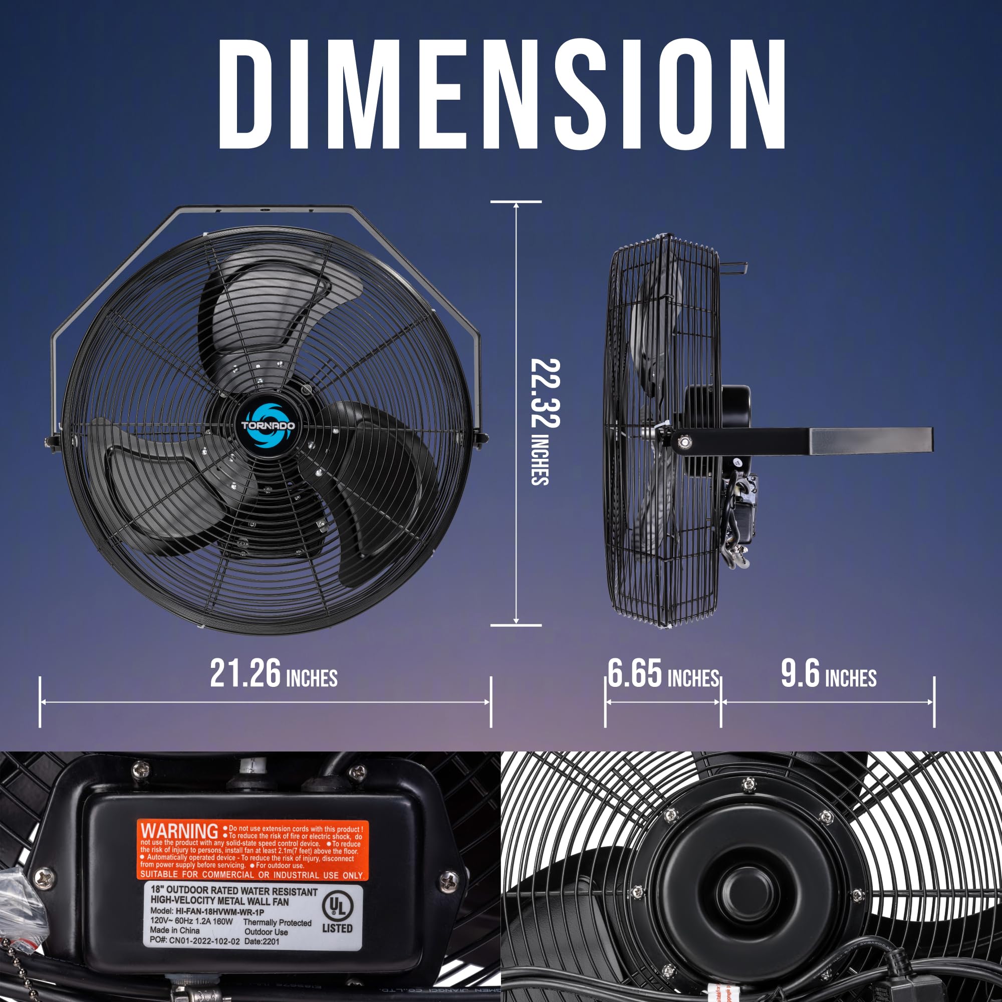 Tornado 18 Outdoor Ipx4 Rated Water-Resistant Metal Industrial Wall Mount Fan, 3 Speed High Velocity Wall Fan For Commercial, In