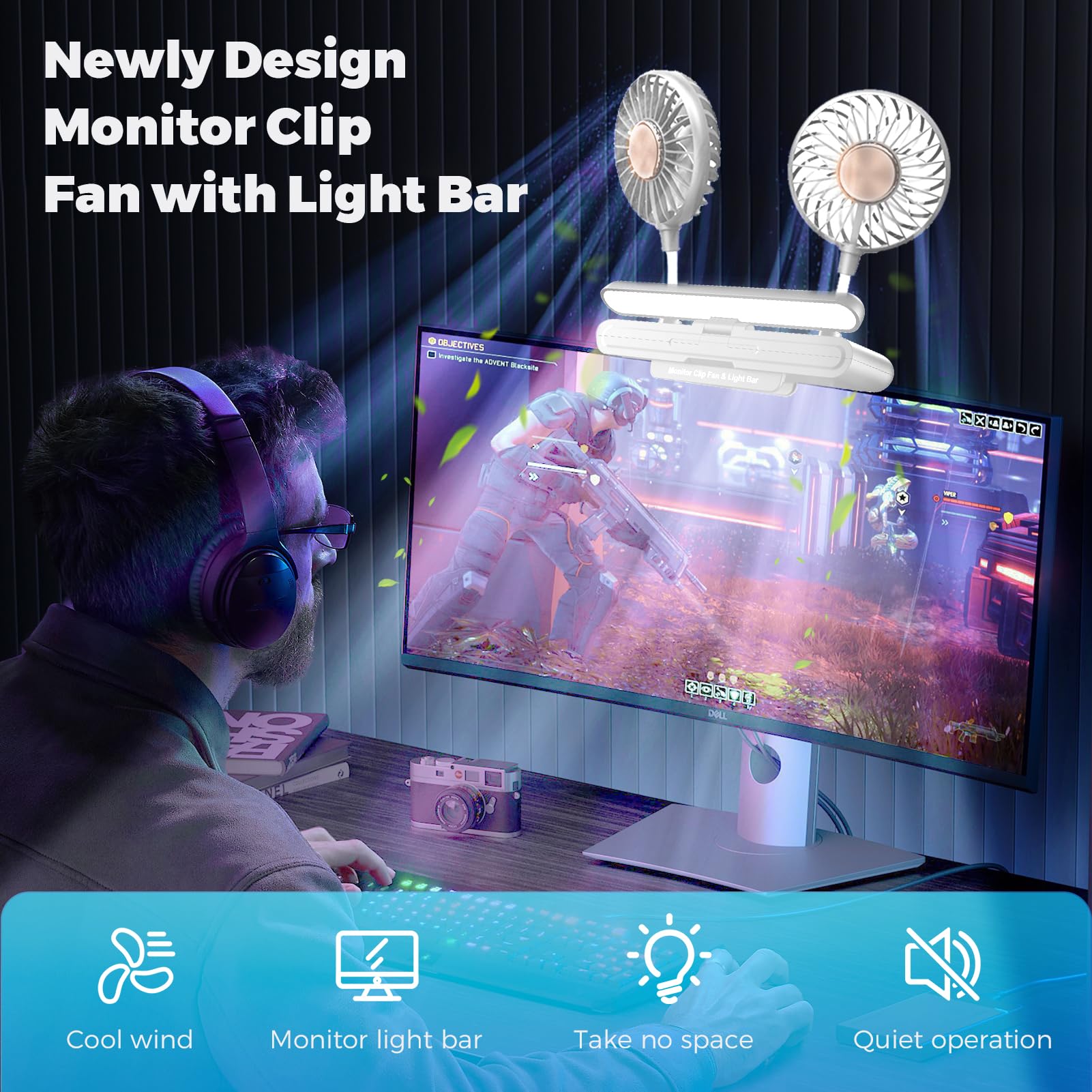 KcoxdCn Two-Head USB Screen Clip-on Fan with Flip-Open LED Light Bar, Quiet, 3 Speeds, ABS, Glacier Silver