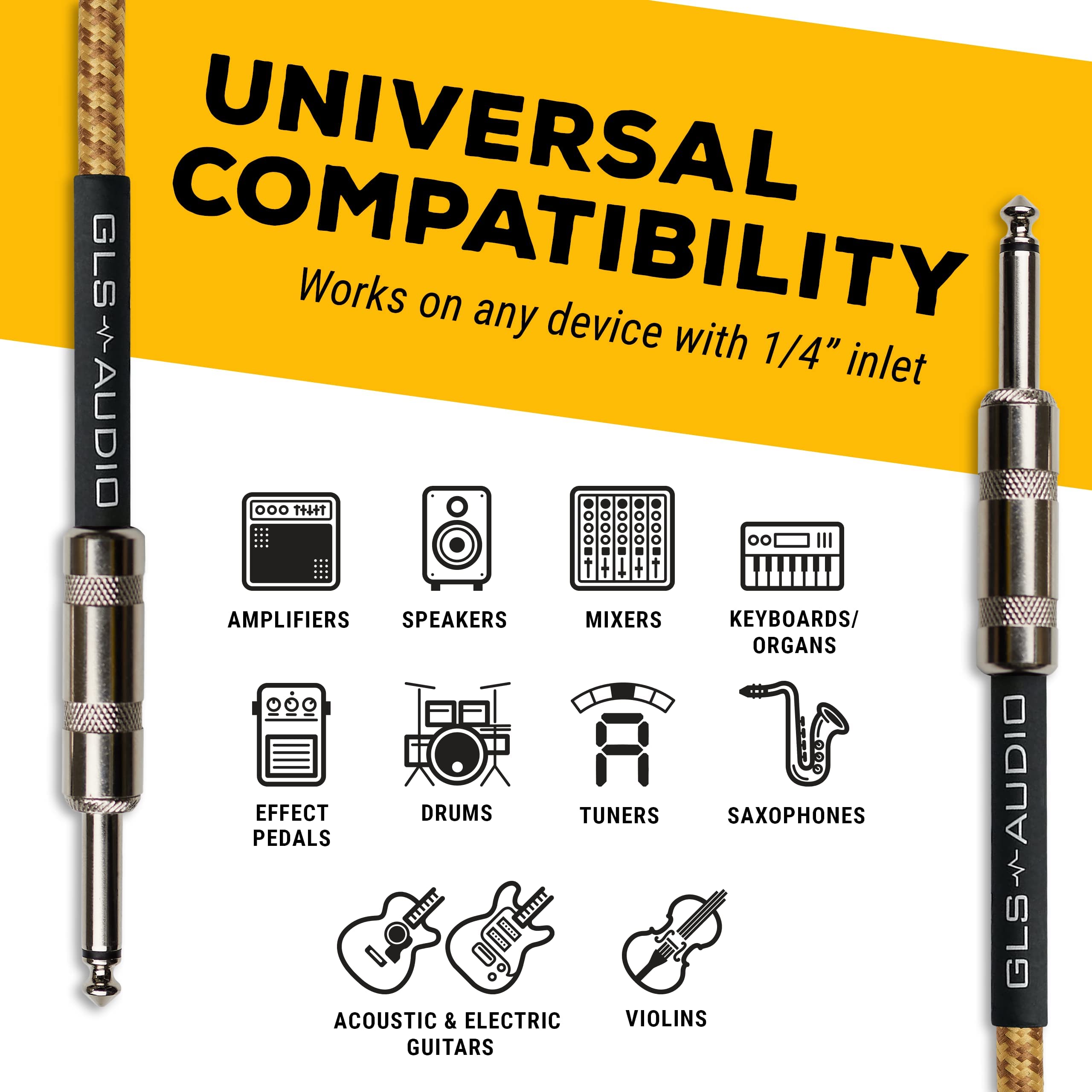 Gls Audio Instrument Cable   1/4 Inch Ts To 1/4 Inch Instrument Cable For Bass/Electric Guitar  Brown/Yellow Braided Tweed, 10Ft